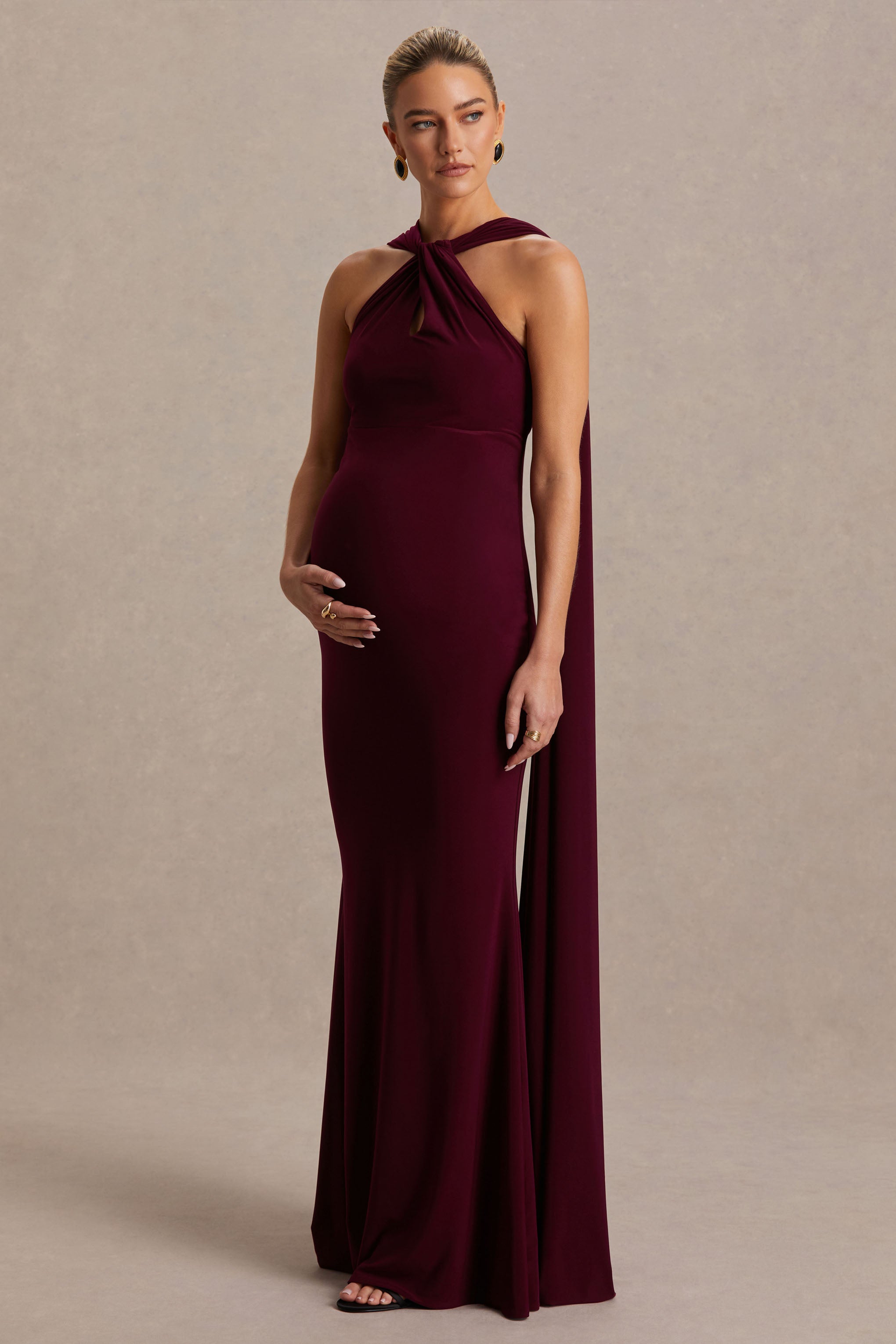 Lyra | Burgundy Cross Halter-Neck Maternity Maxi Dress With Cape