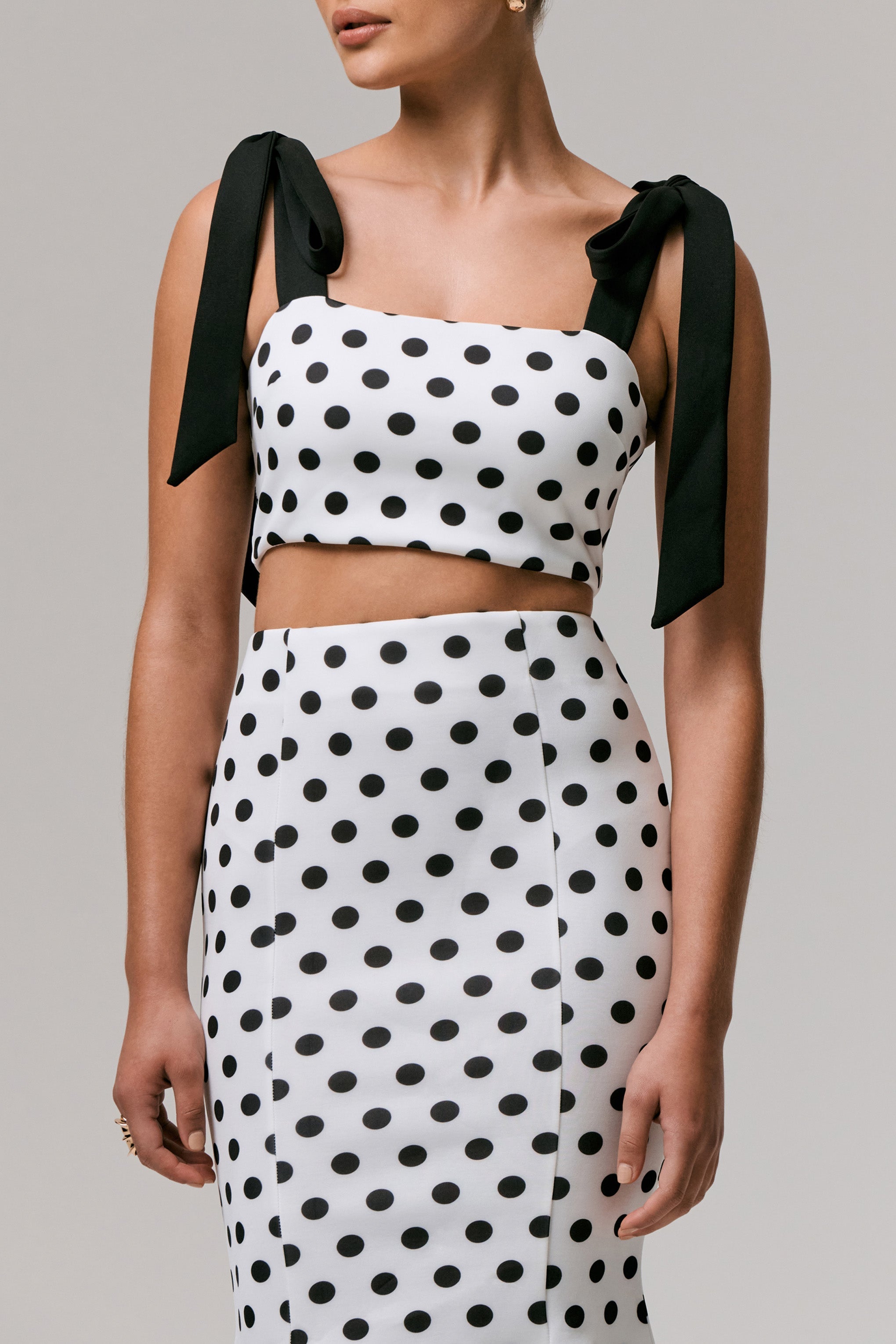 Phoebe | Black & White Polka Dot Crop Top With Tie Straps Tie