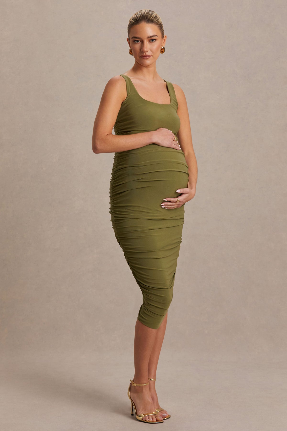 Lisbon | Olive Maternity Square Neck Ruched Midi Dress