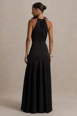 Jemima | Black Satin Halter-Neck Maxi Dress With Feather Trim