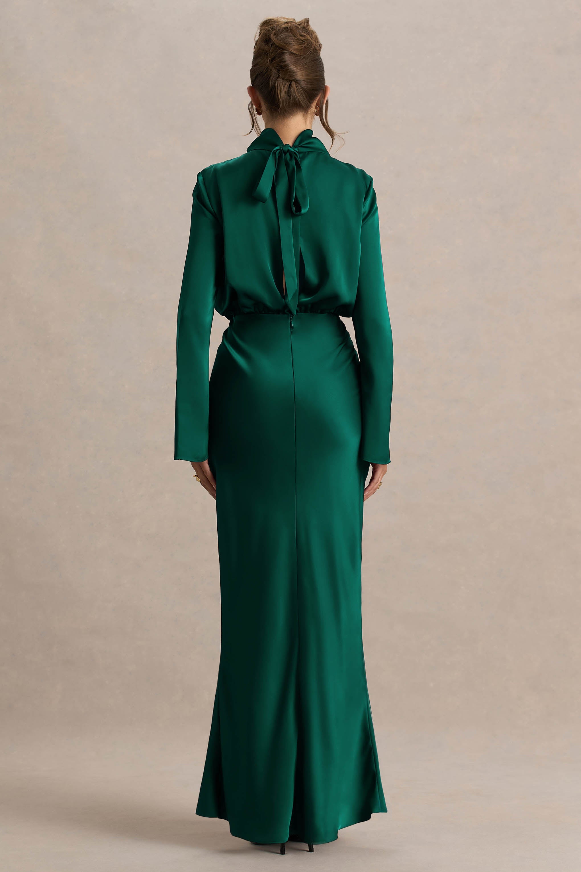 Celina | Bottle Green Satin High-Neck Maxi Dress