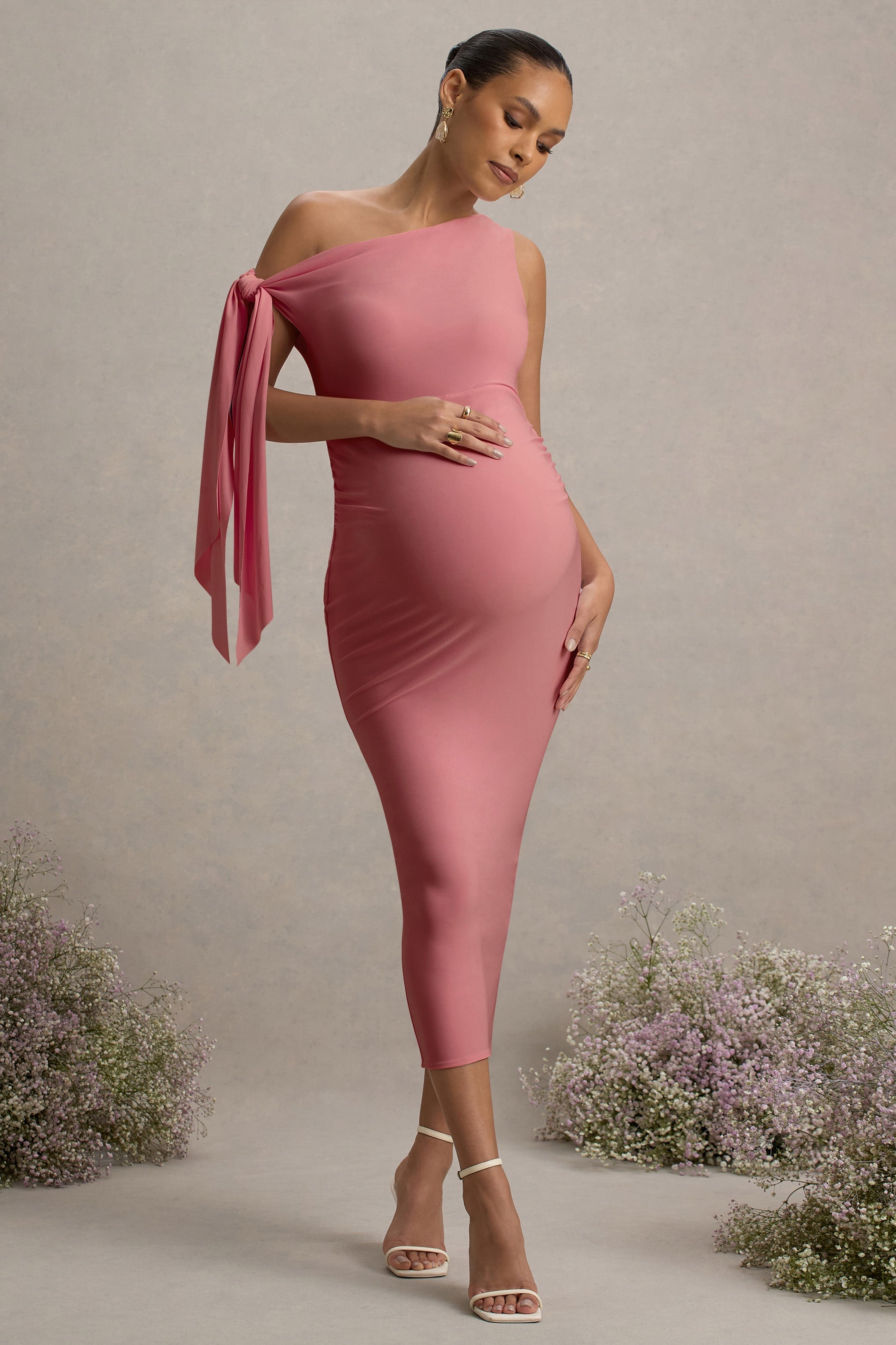 Katarine | Pink Asymmetric Knot Maternity Midi Dress