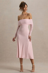 Flatter Me | Light Pink Bardot Midi Dress With Mesh Sleeves