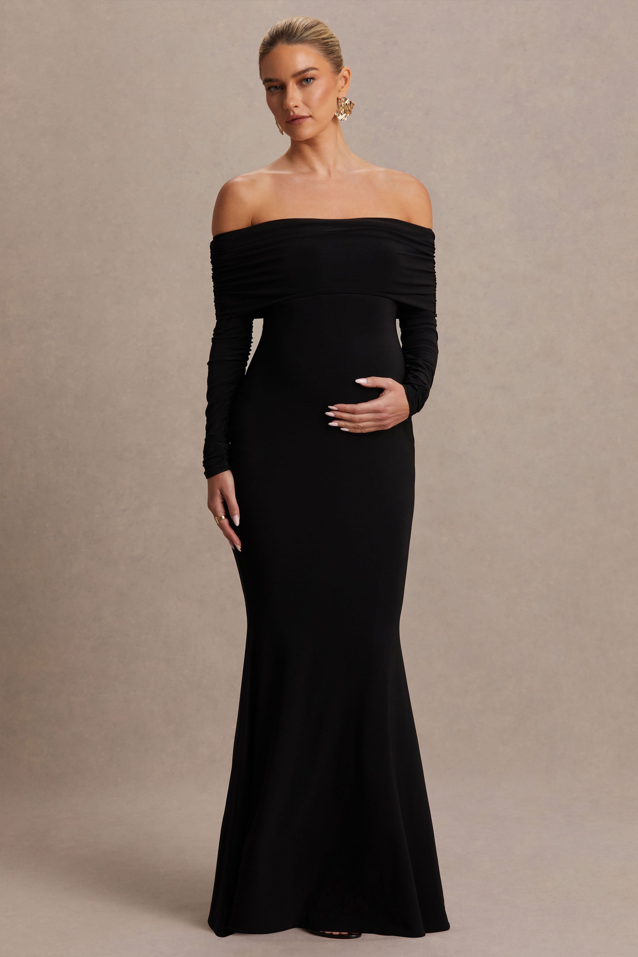 Pretty Perfect | Black Maternity Bardot-Neck Maxi Dress