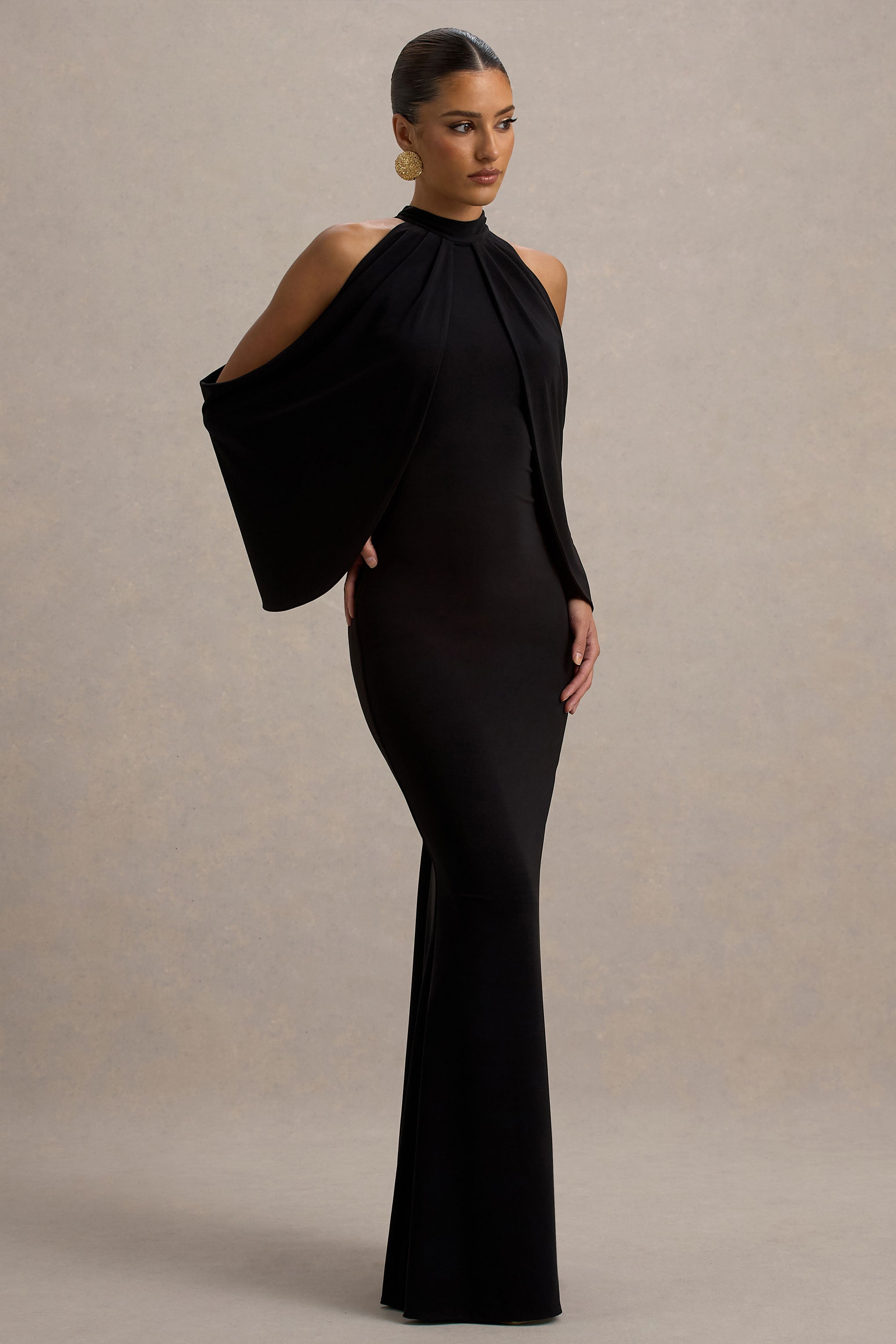Teresa | Black High-Neck Cold-Shoulder Maxi Dress