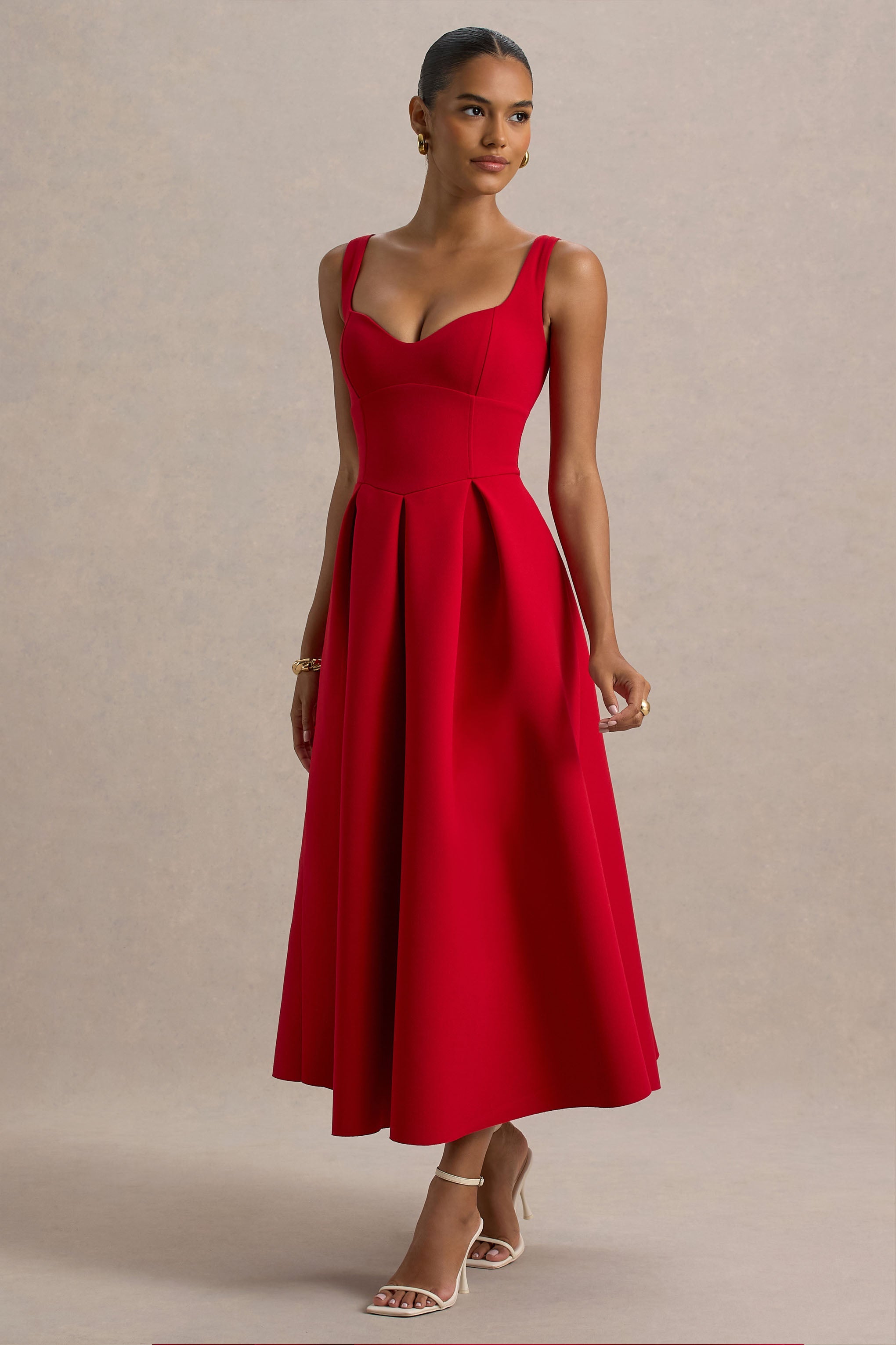 Rosemary | Red Sweetheart-Neck Midi Dress