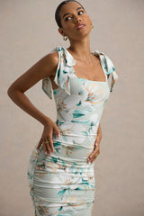 Cordelia | Green Floral Print Bodycon Midi Dress With Bow Straps