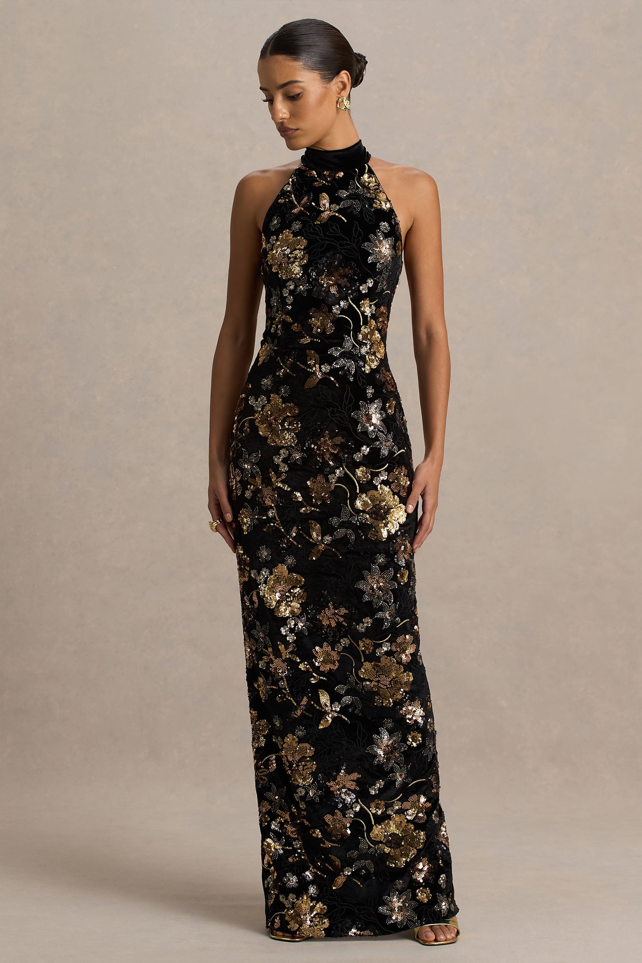 Tate | Black Velvet Halter-Neck Maxi Dress With Bronze Floral Sequin Embellishments