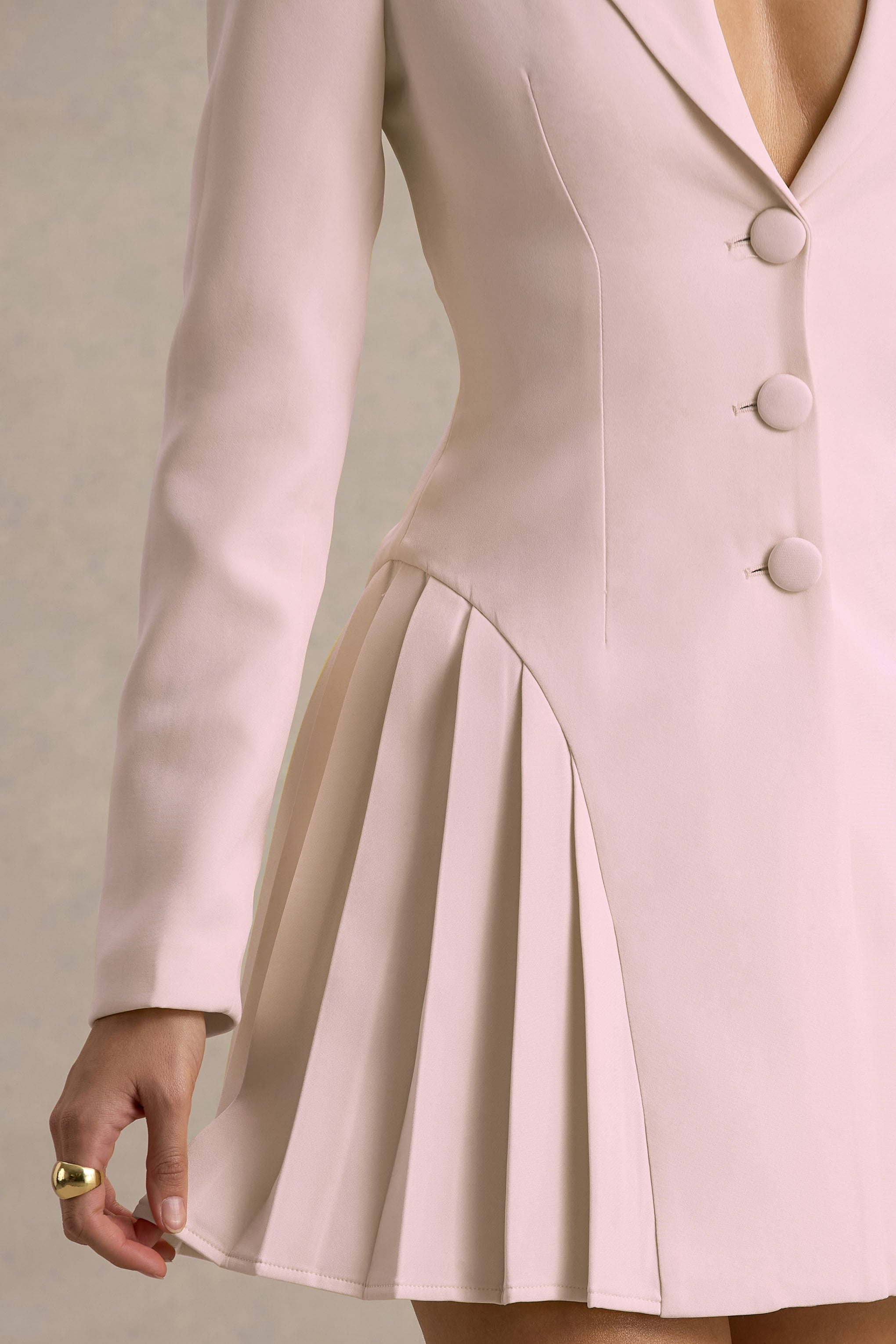 Blossoming | Baby Pink Plunge-Neck Tailored Mini Dress With Pleating