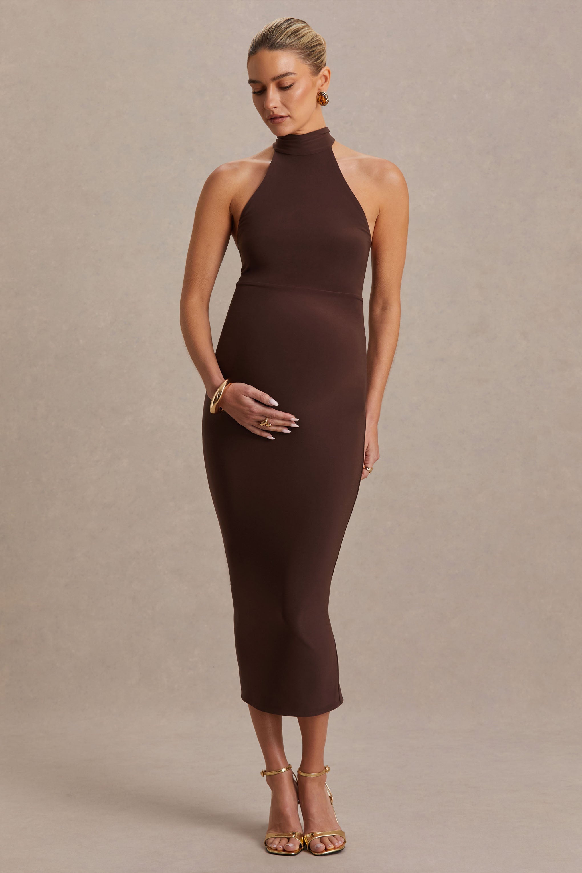 Mireille | Brown Halter-Neck Maternity Midi Dress