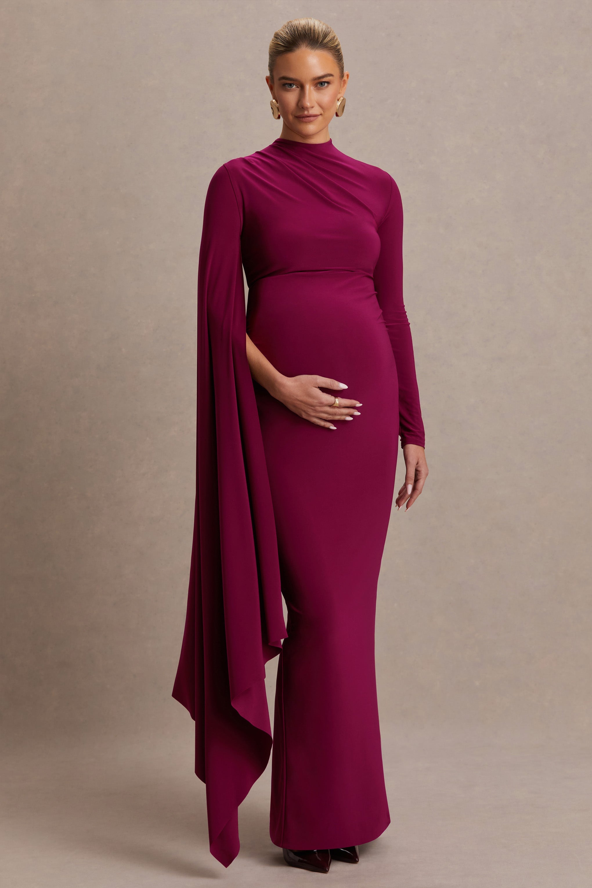 Lavinia | Berry High-Neck Maternity Maxi Dress With Cape-Sleeve