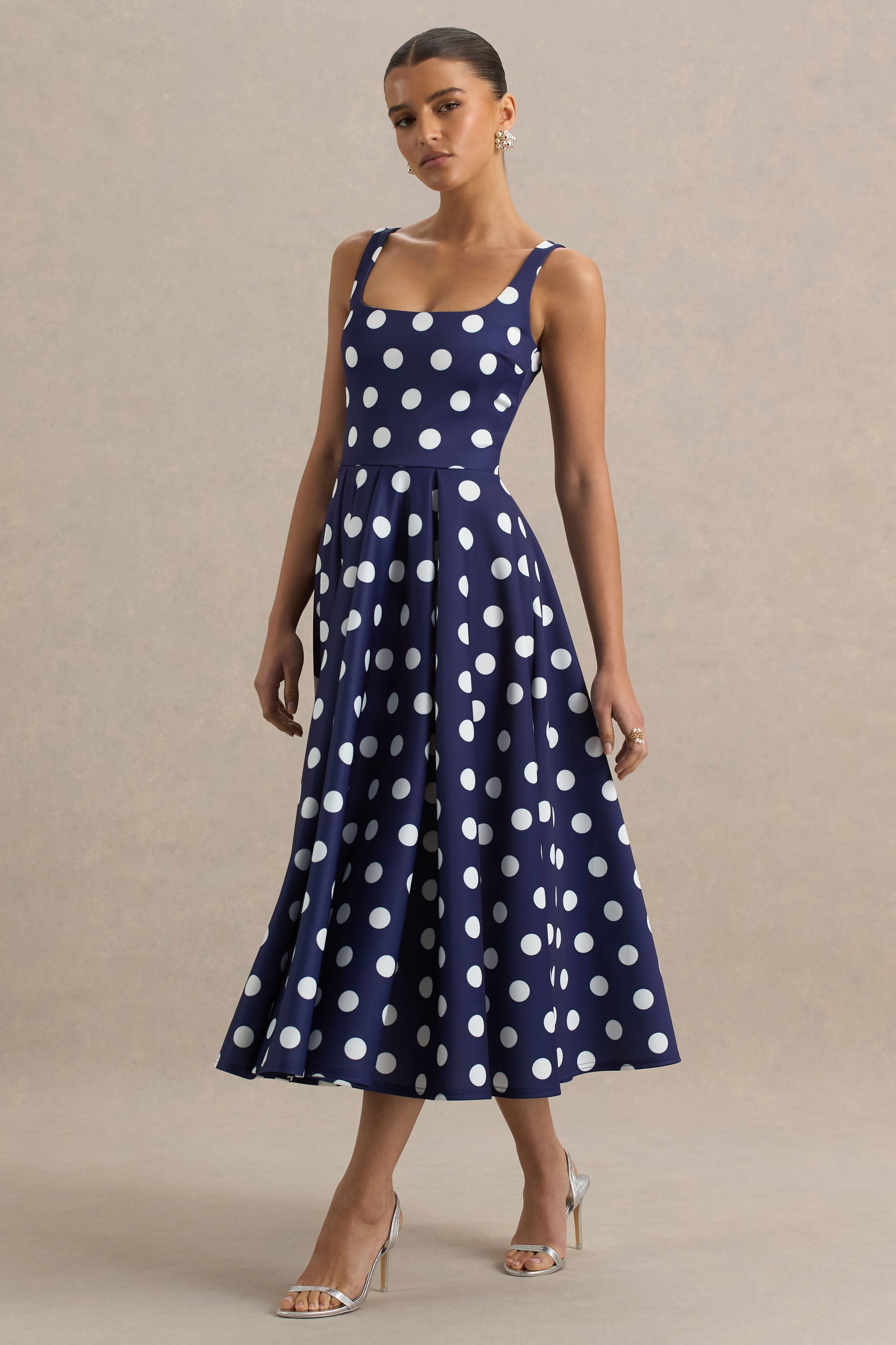 Berta | Navy And White Polka-Dot Square-Neck Midi Dress