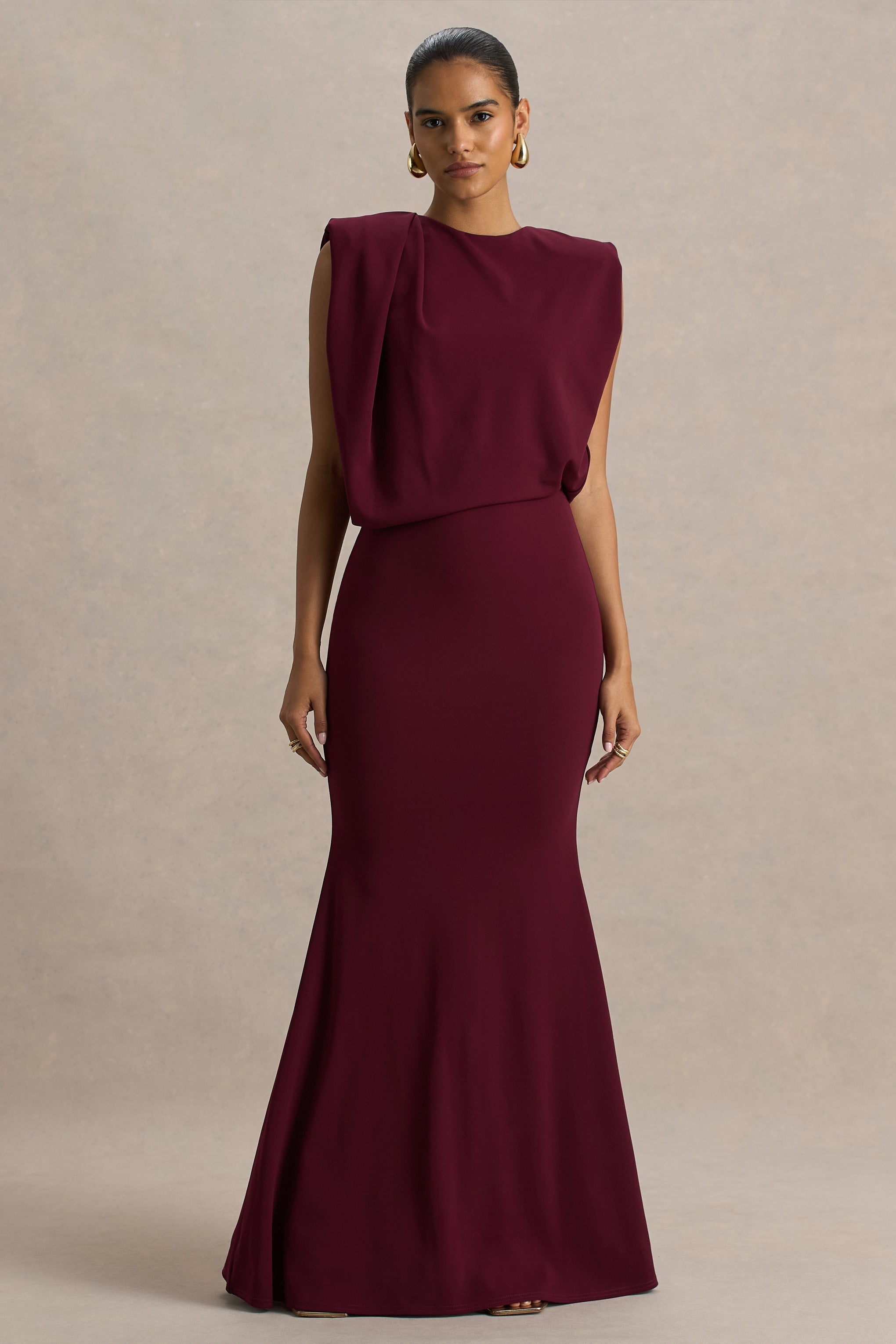 Meave | Burgundy Boat-Neck Maxi Dress With Draped Detail