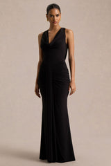 Mallie | Black Cowl-Neck Maxi Dress With Gathered-Detailing