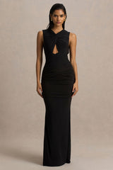 Kendall | Black V-Neck Wrapped Maxi Dress With Chest Cut-Out