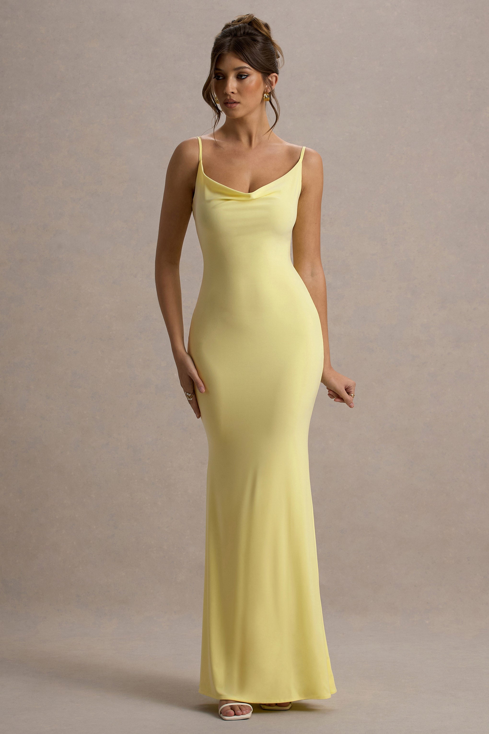 Francoise | Lemon Cowl Neck Backless Maxi Dress With Lace Insert