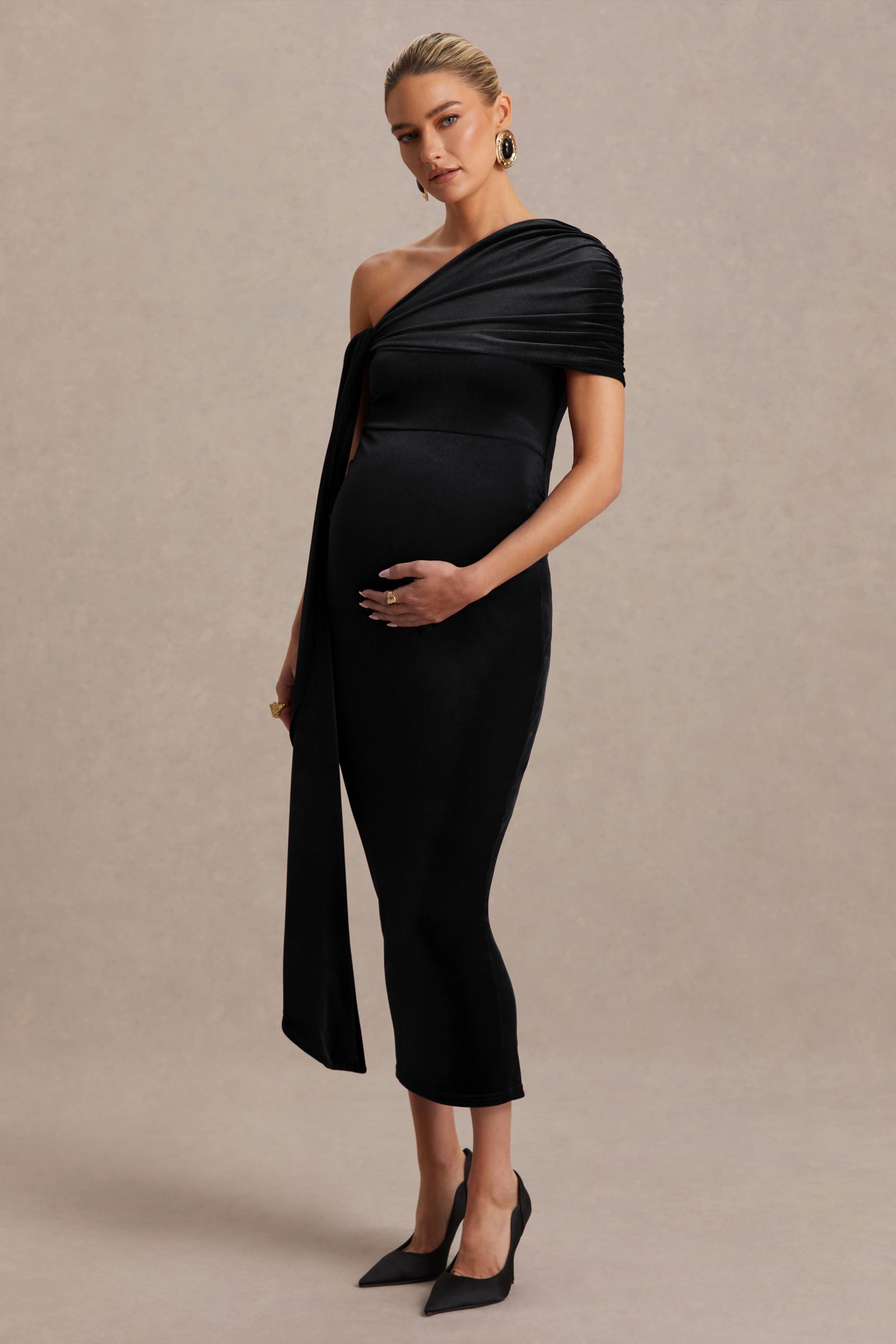 Zena | Black Velvet Asymmetric-Neck Maternity Midi Dress With Knot And Sash Detail