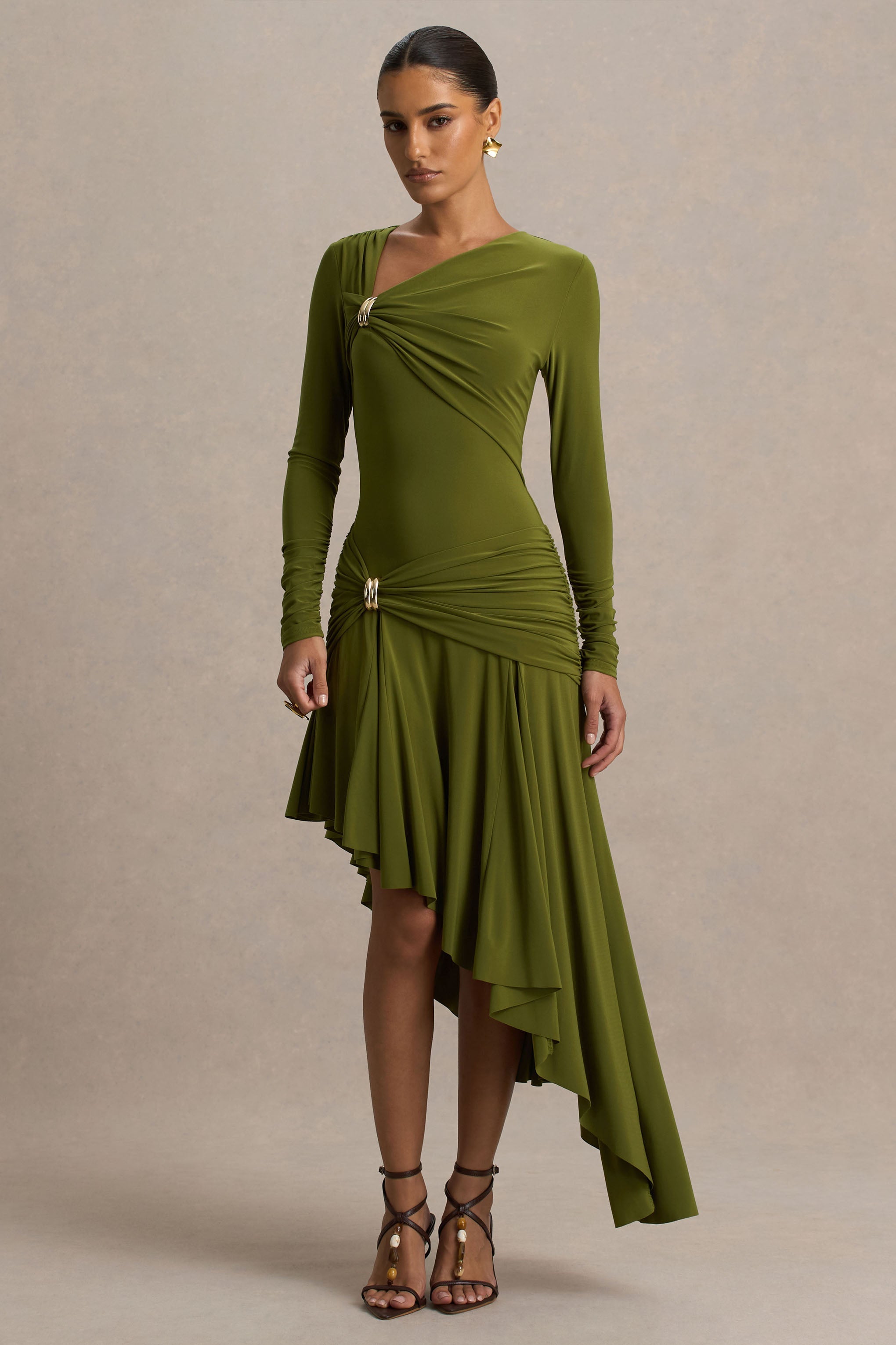 Alexia | Green Asymmetric-Neck Maxi Dress With Gold-Details