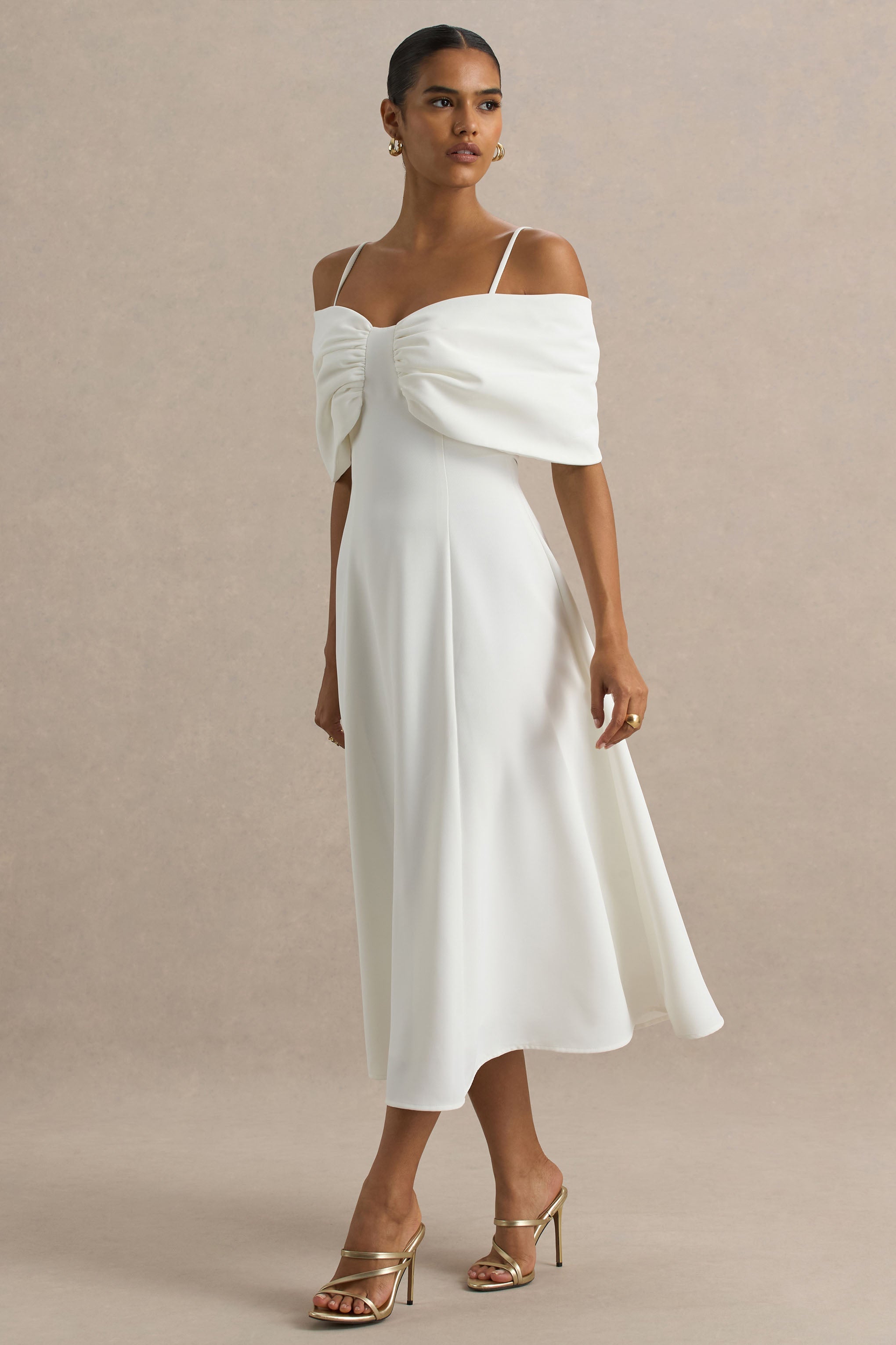 Hettie | White Short-Sleeve Bardot Midi Dress With Bow Detail