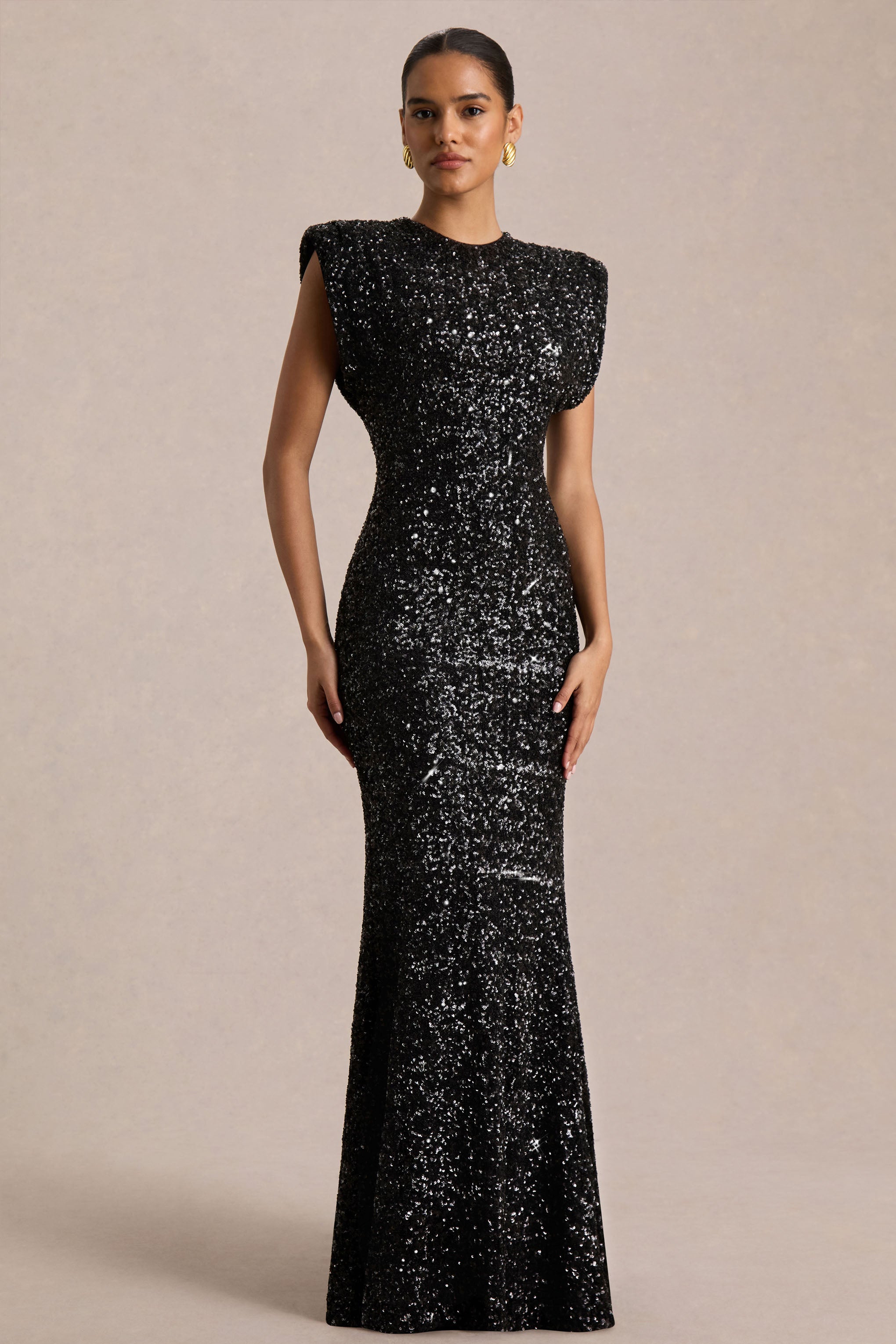 Aurah | Black Sequin Crew-Neck Maxi Dress With Cap Sleeves