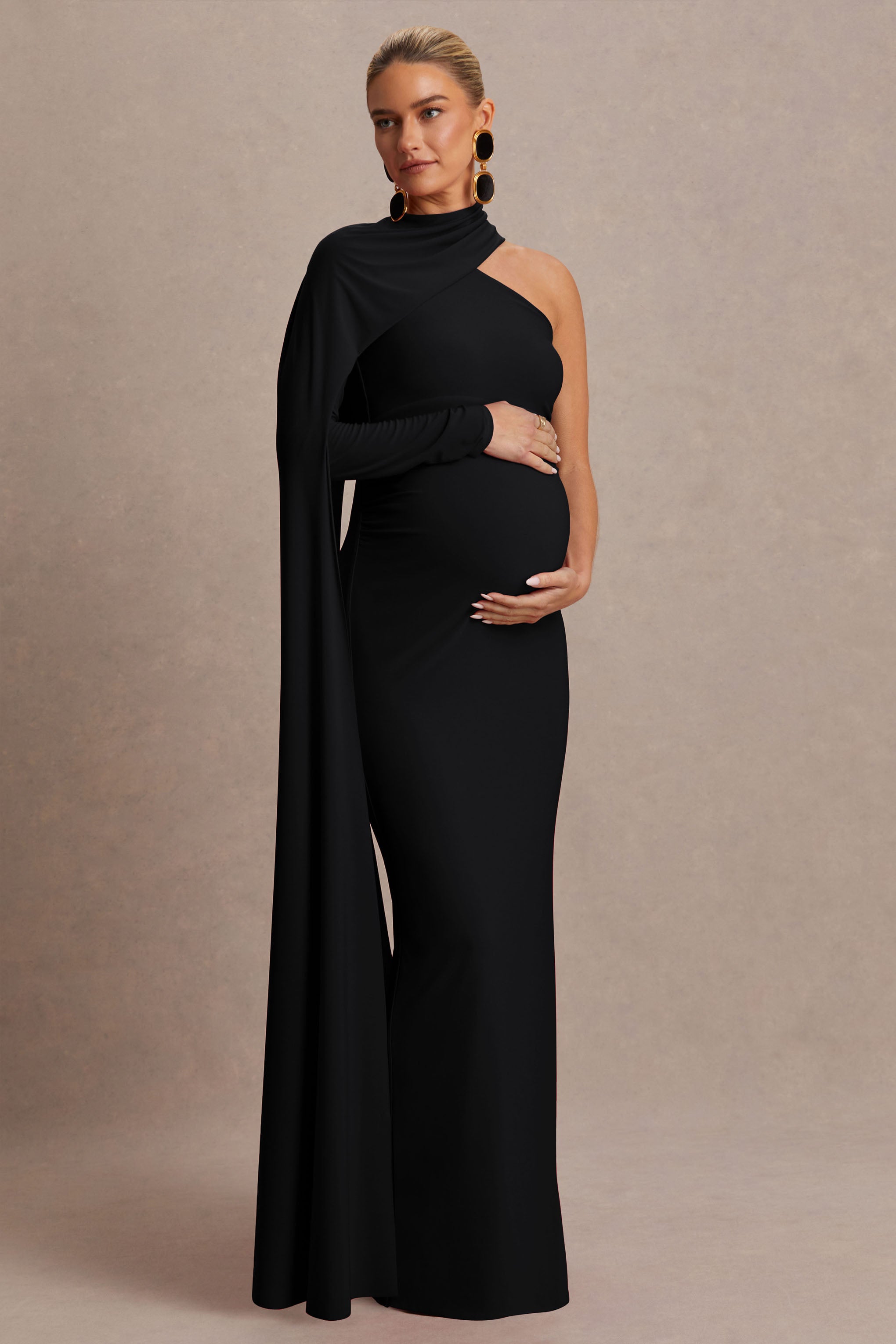 Tessy | Black Asymmetric-Neck Maternity Maxi Dress With Cape-Sleeve