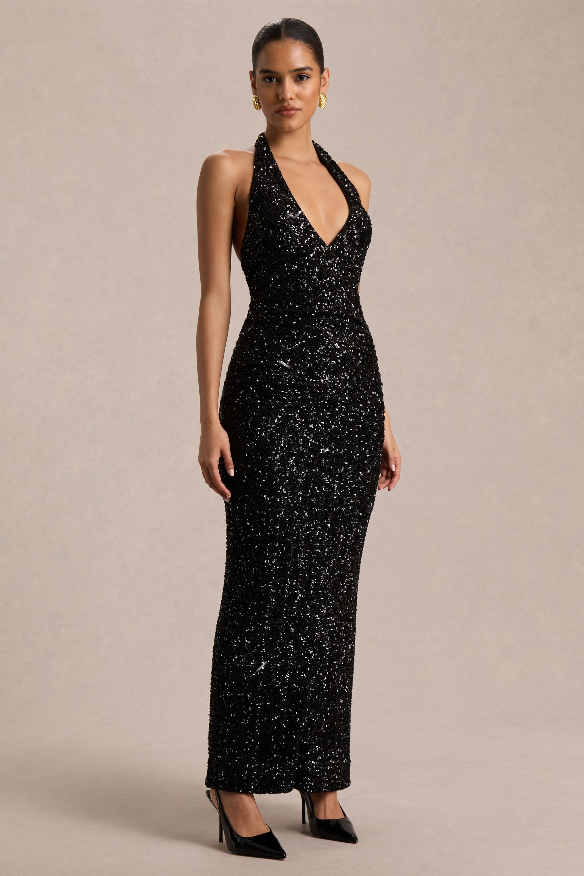Gio | Black Sequin Plunge-Neck Wrap Maxi Dress With Ruched Detailing