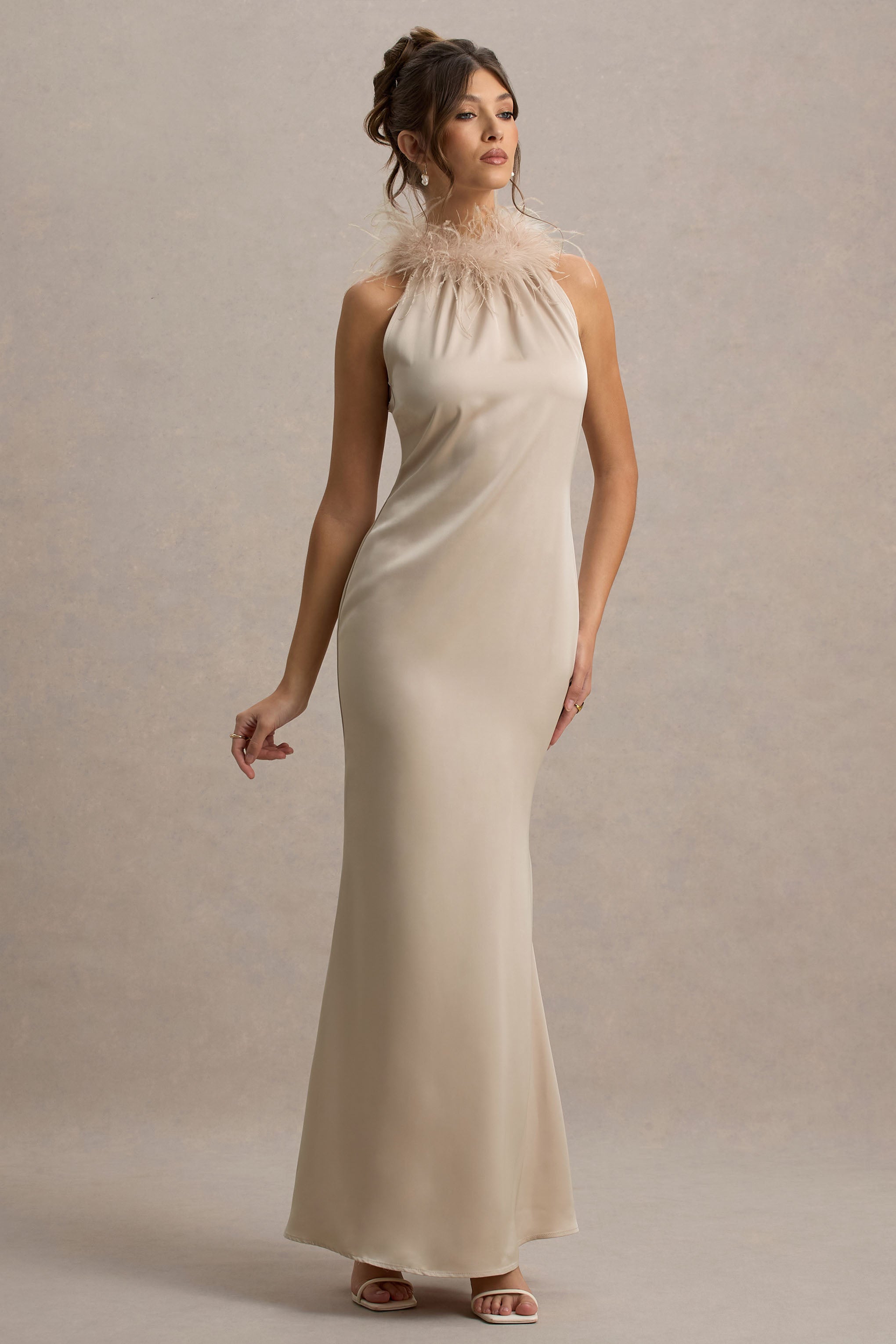 Bianca | Champagne Satin Feather-Trim Maxi Dress