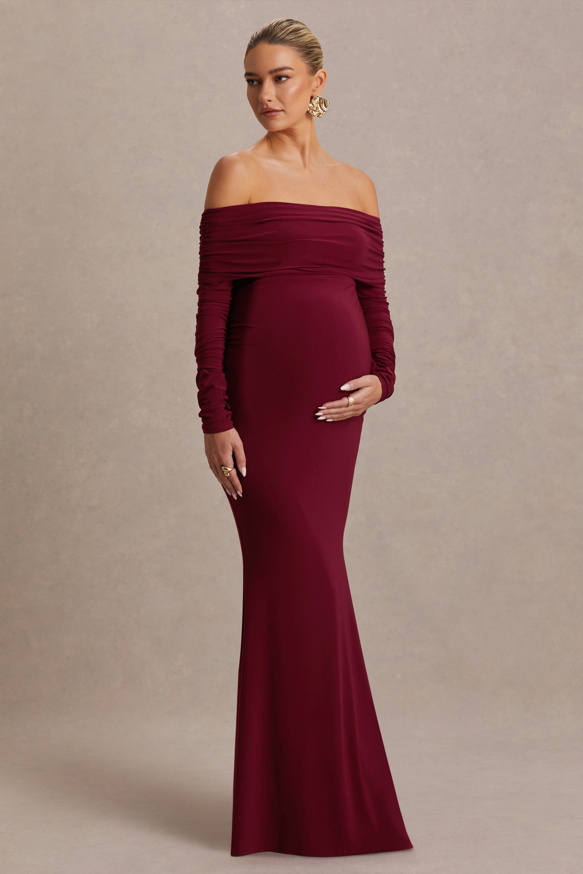 Odessa | Berry Bardot-Neck Maternity Maxi Dress