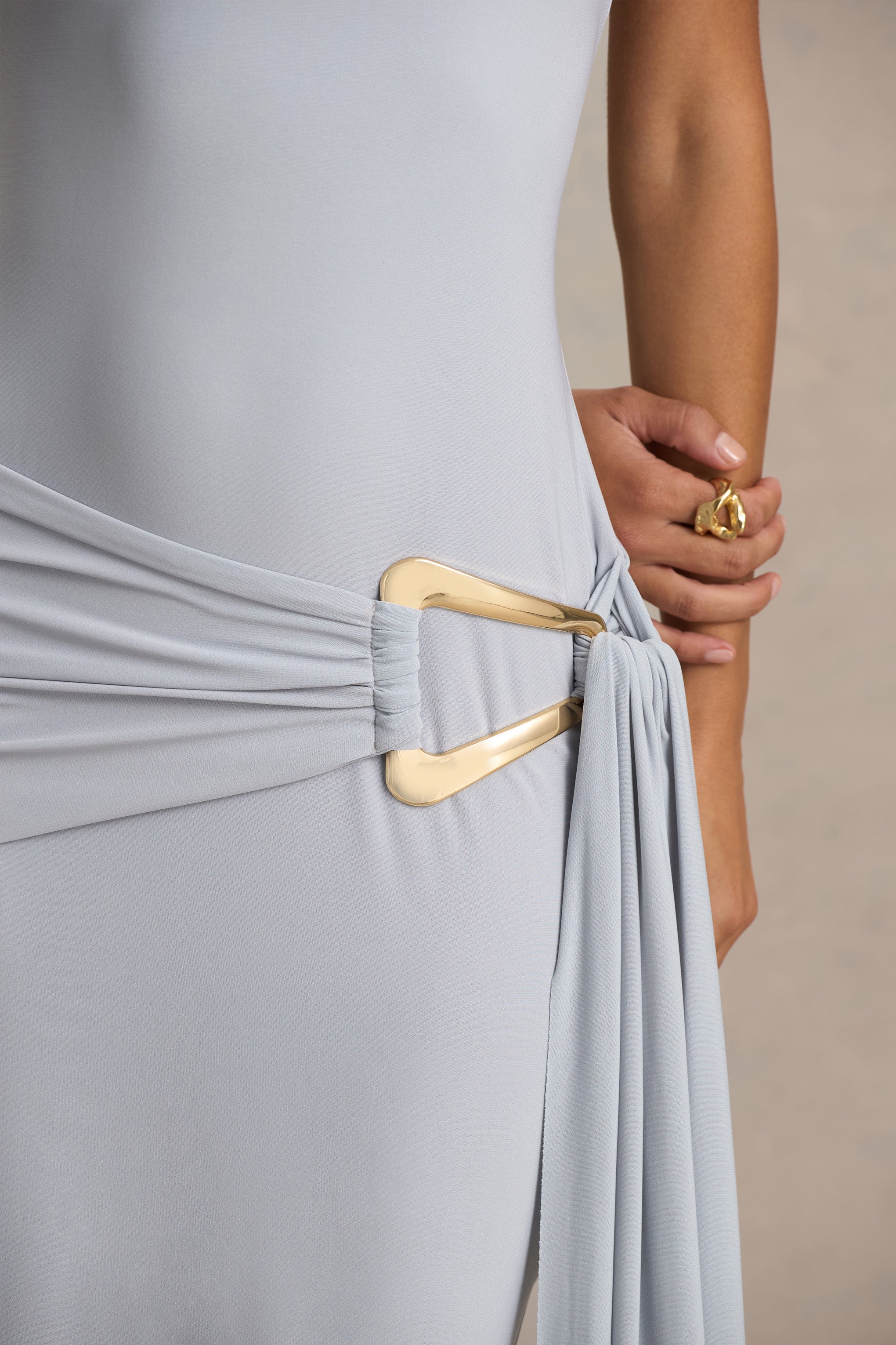 Bonnie | Blue Asymmetric-Neck Maxi Dress With Open-Back