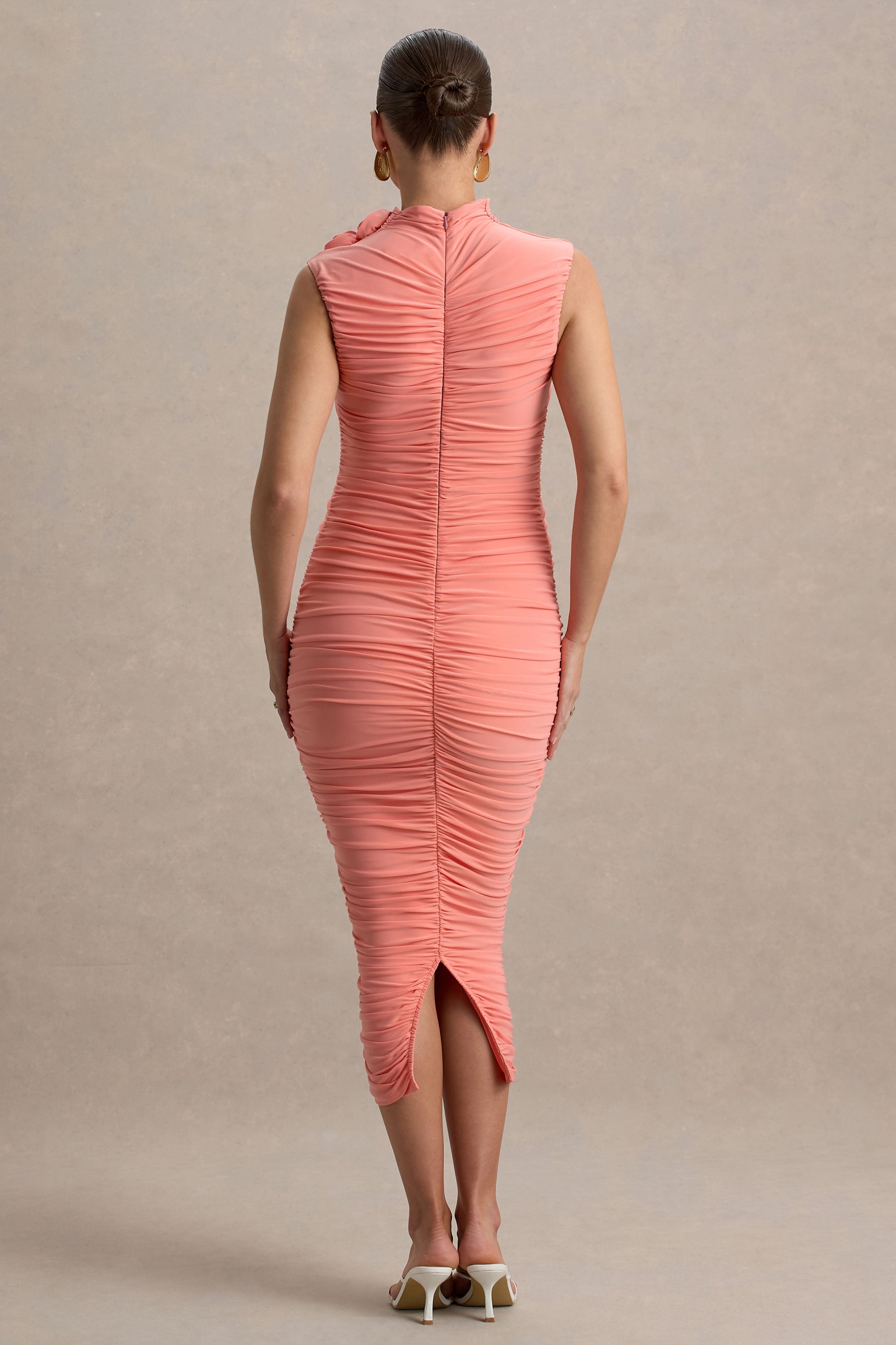 Shellie | Coral High-Neck Maternity Midi Dress With Corsage Detail