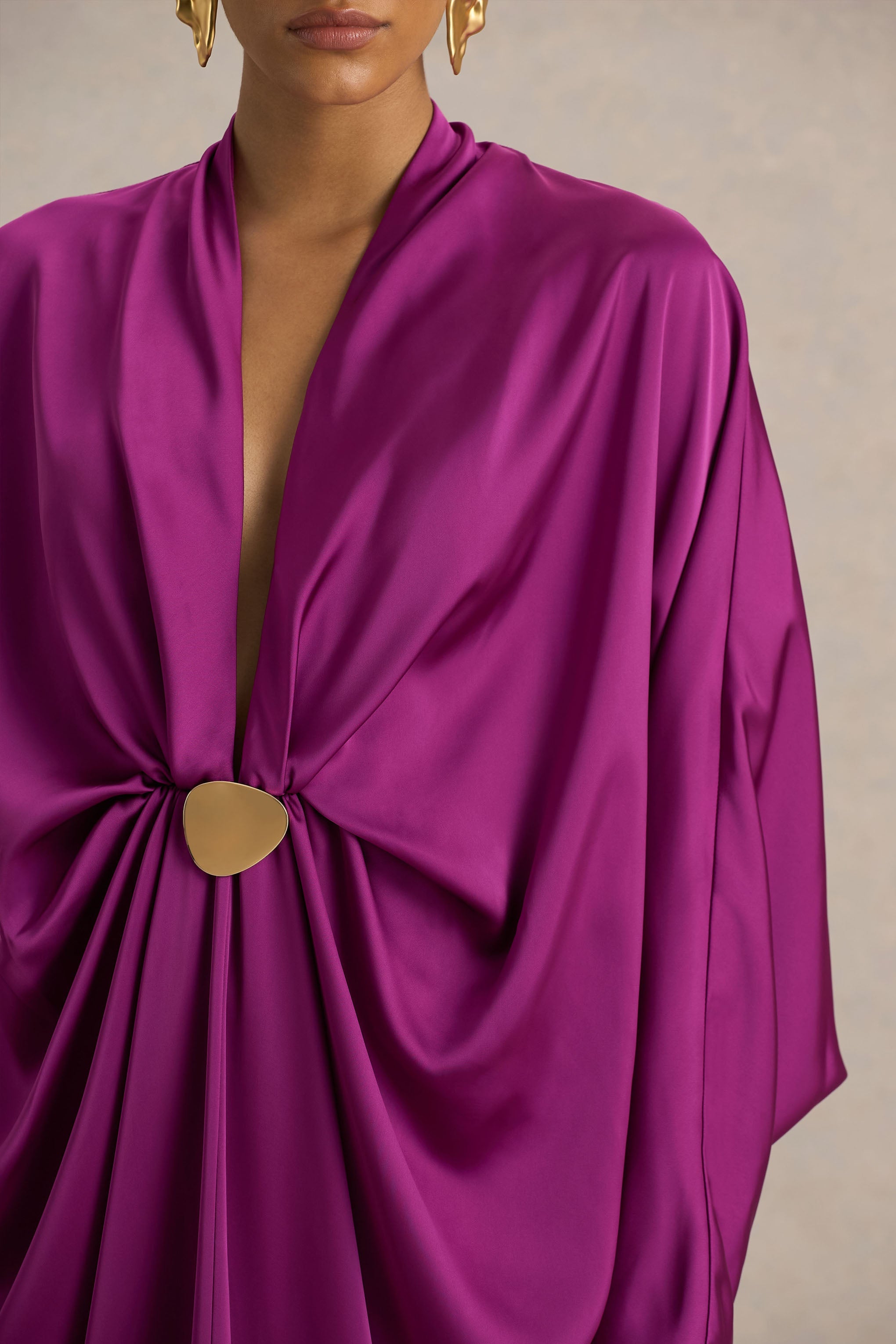 Tina | Pink Satin Plunge-Neck Embellished Maxi Dress