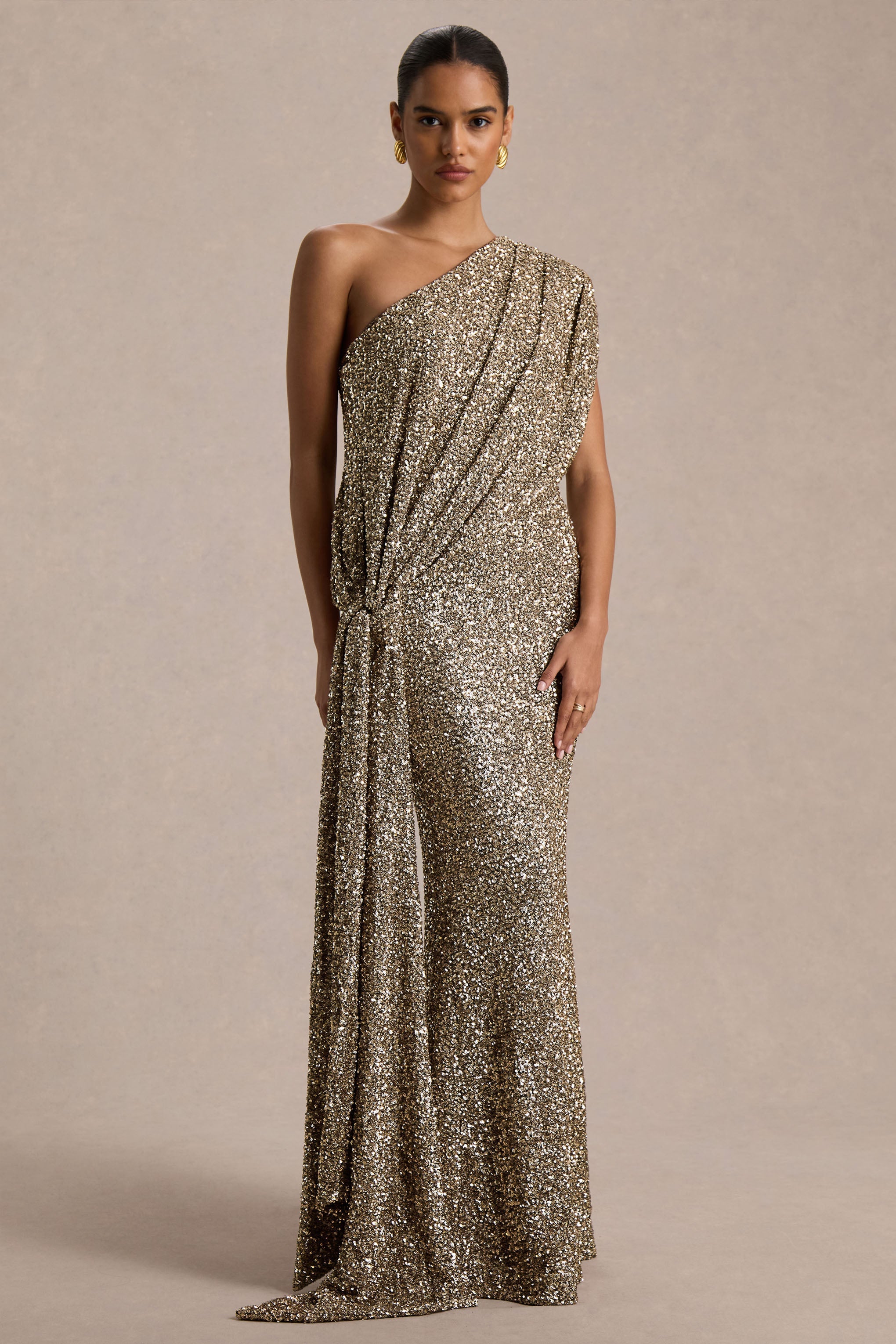 Liori | Champagne Sequin Asymmetric-Neck Maxi Dress With Sash