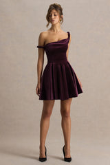 Leticia | Burgundy Velvet Asymmetric-Neck Velvet Mini Dress With Twist-Sleeve
