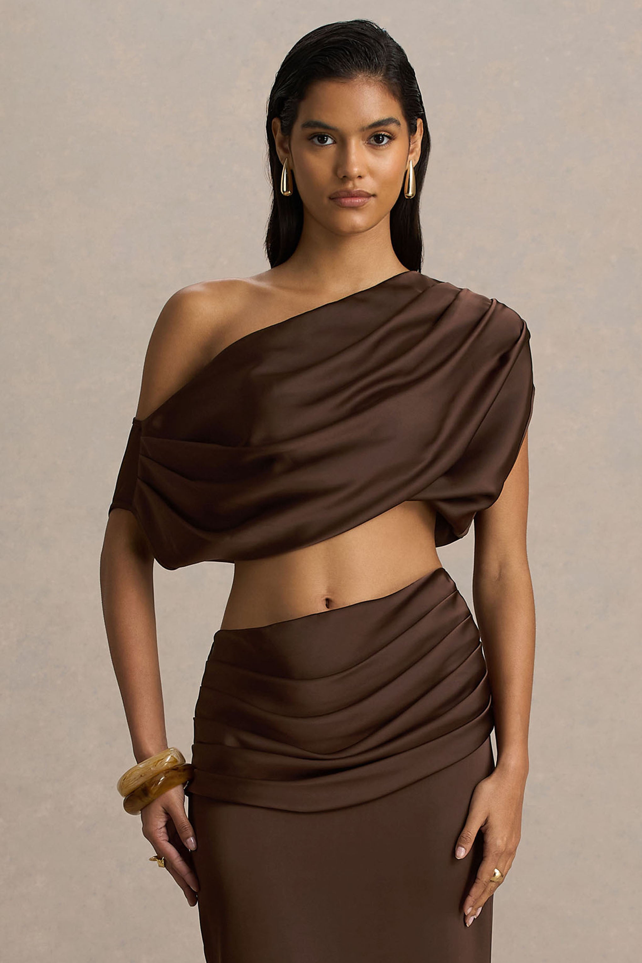 Entrapment | Brown Satin Boat-Neck Crop-Top With Ruched Detailing