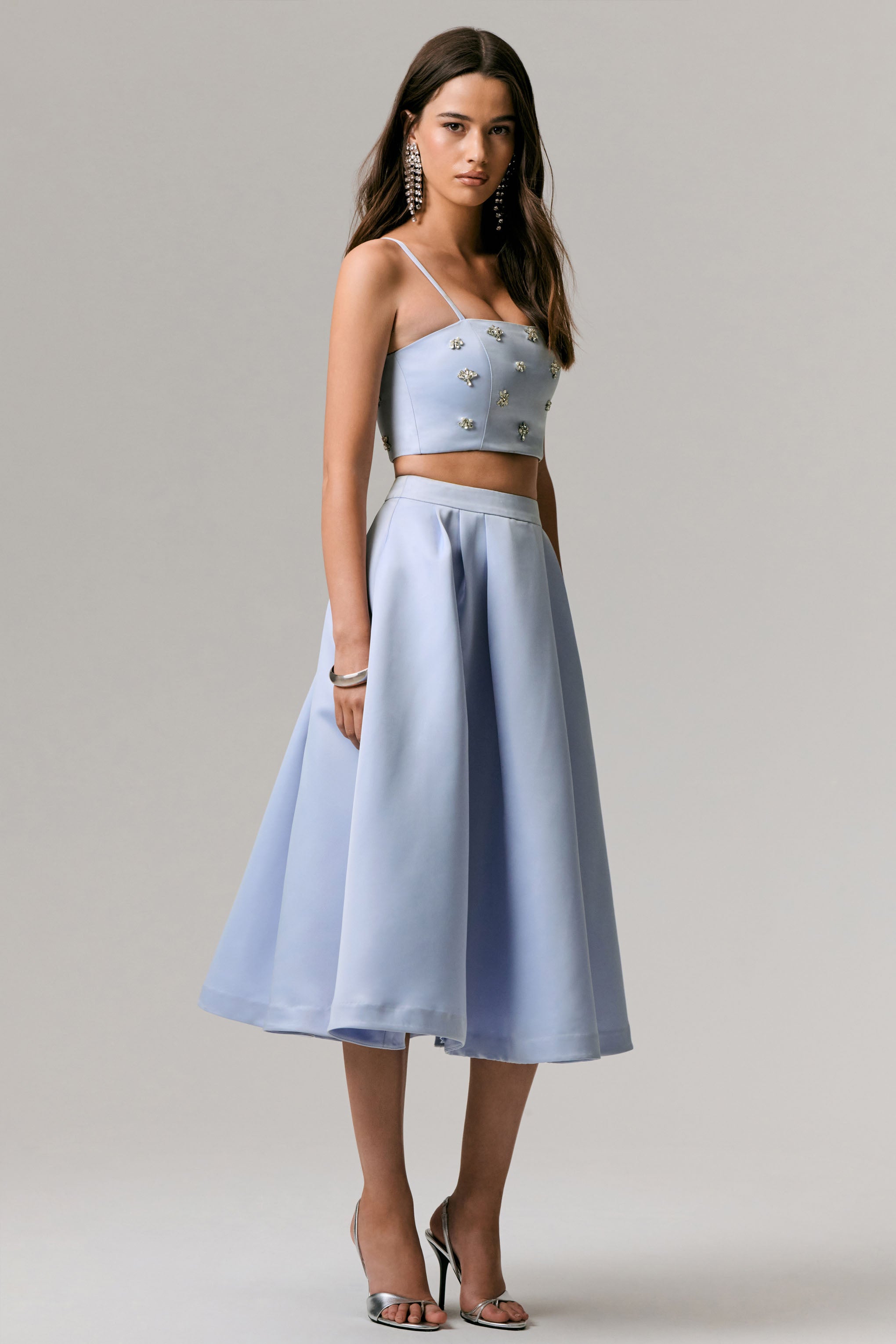Iris | Blue Satin Pleated Midi Skirt