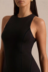 Sally | Black Crew-Neck Midi Dress With Drop Waist And Pleated Detailing