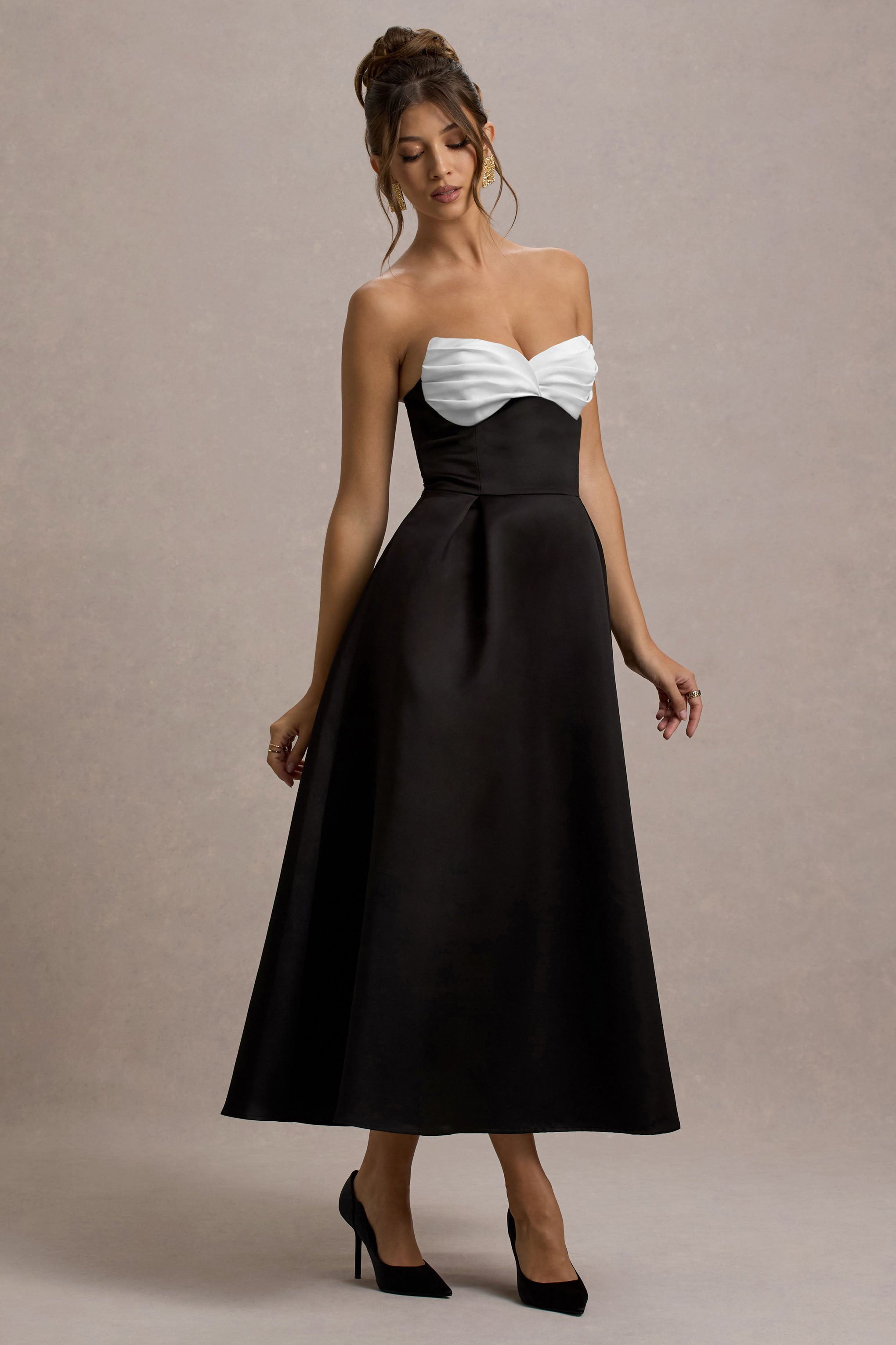 Wintour | Black Satin Sweetheart Midi Dress