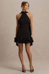 Geneve | Black Halter-Neck Mini Dress With Ruffled Trim