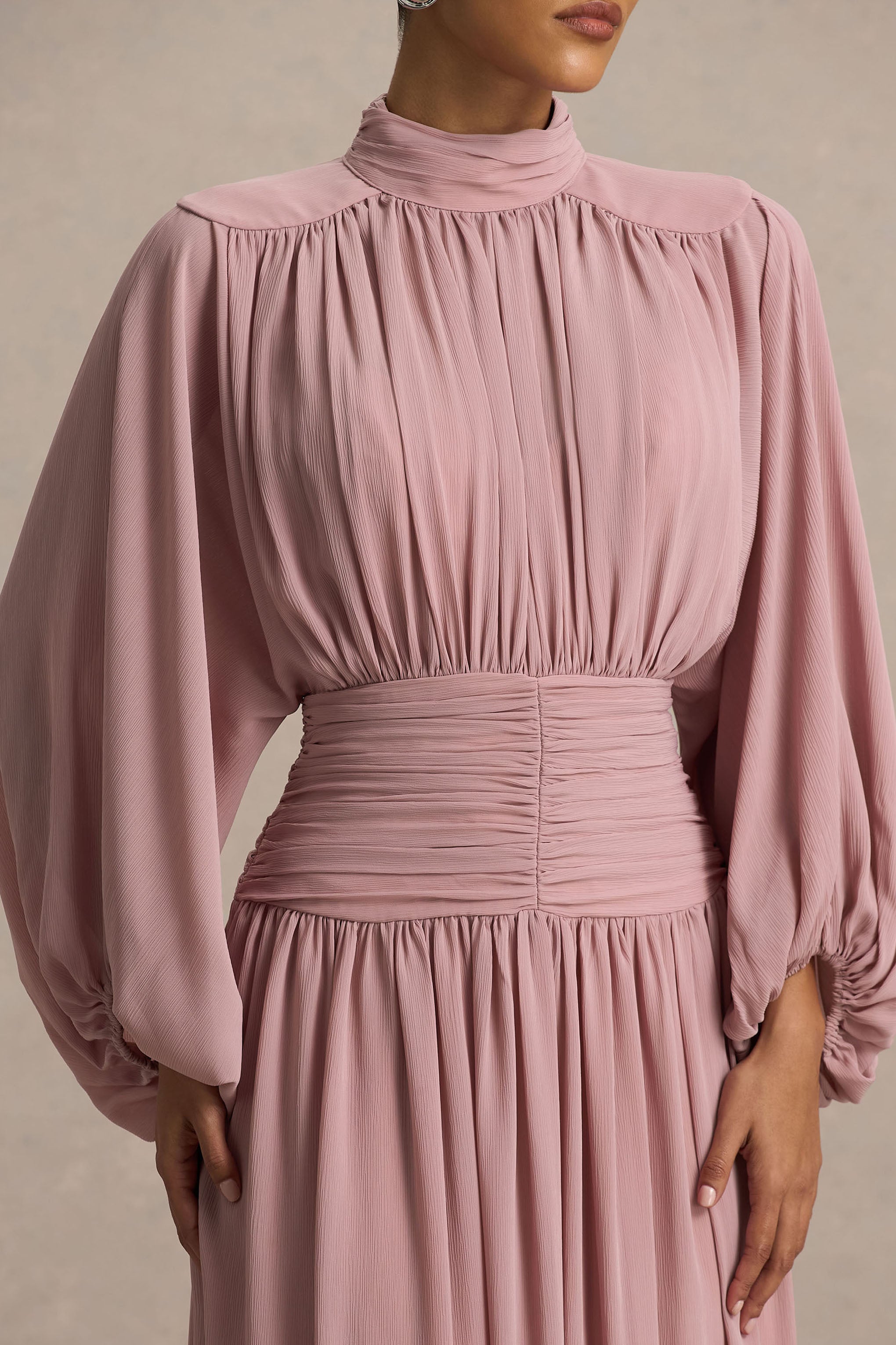 Annabel | Dusty Pink High-Neck Midi Dress With Drop-Waist And Pleated Detailing
