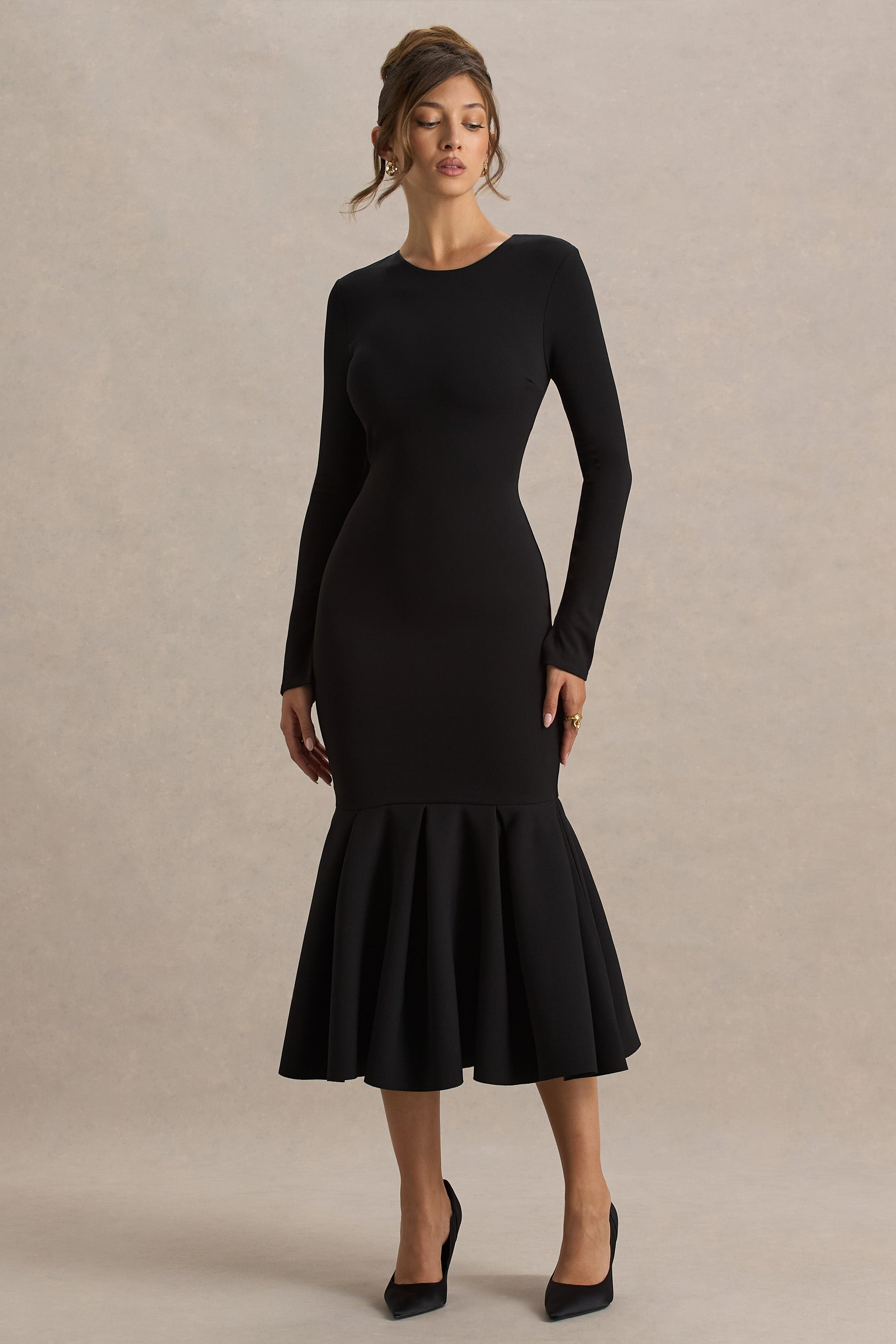 Liberty | Black High Neck Mermaid Midi Dress With Ruffling Detail