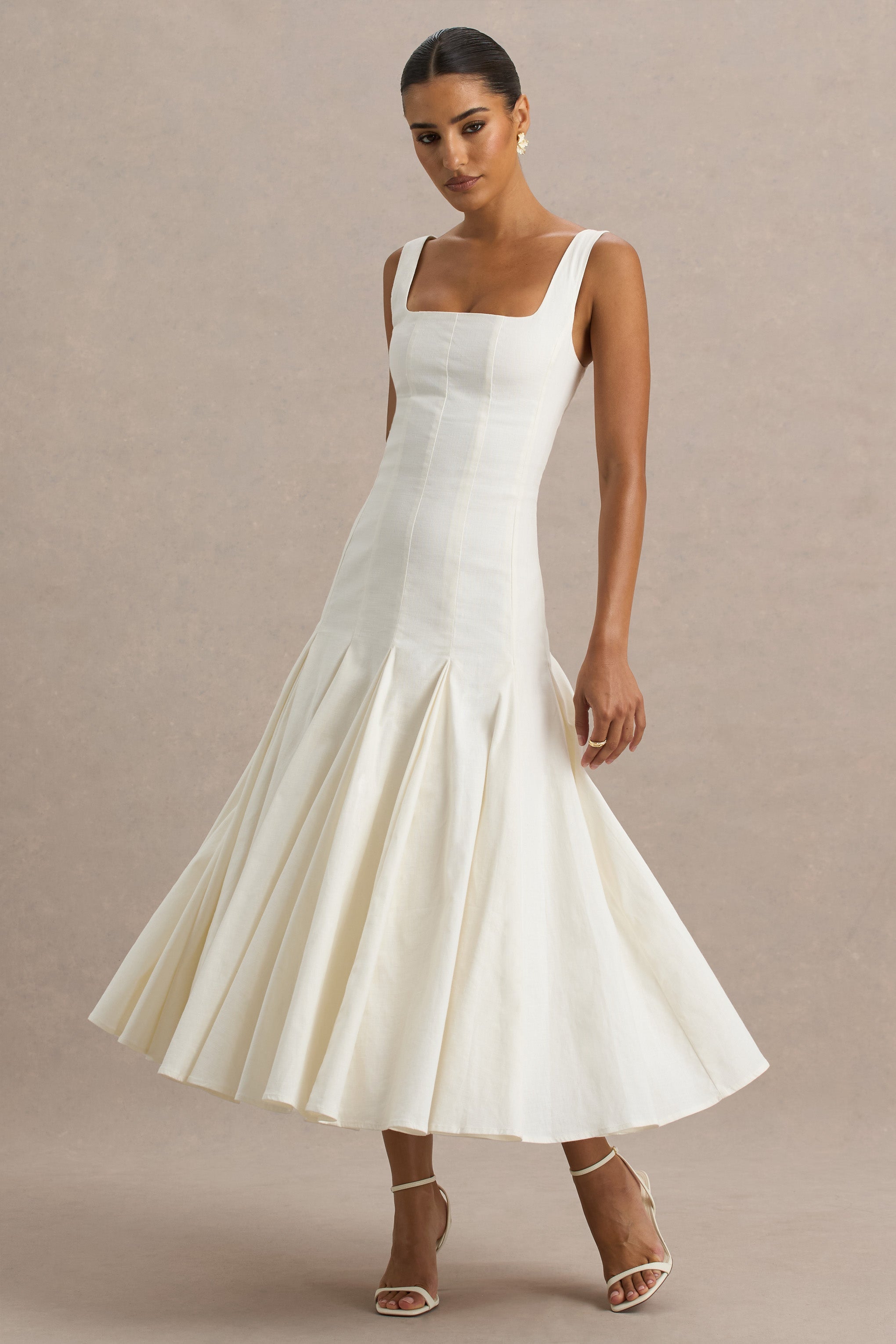 Magnolia | White Scoop-Neck Midi Dress With Drop-Waist And Ruffling Detail