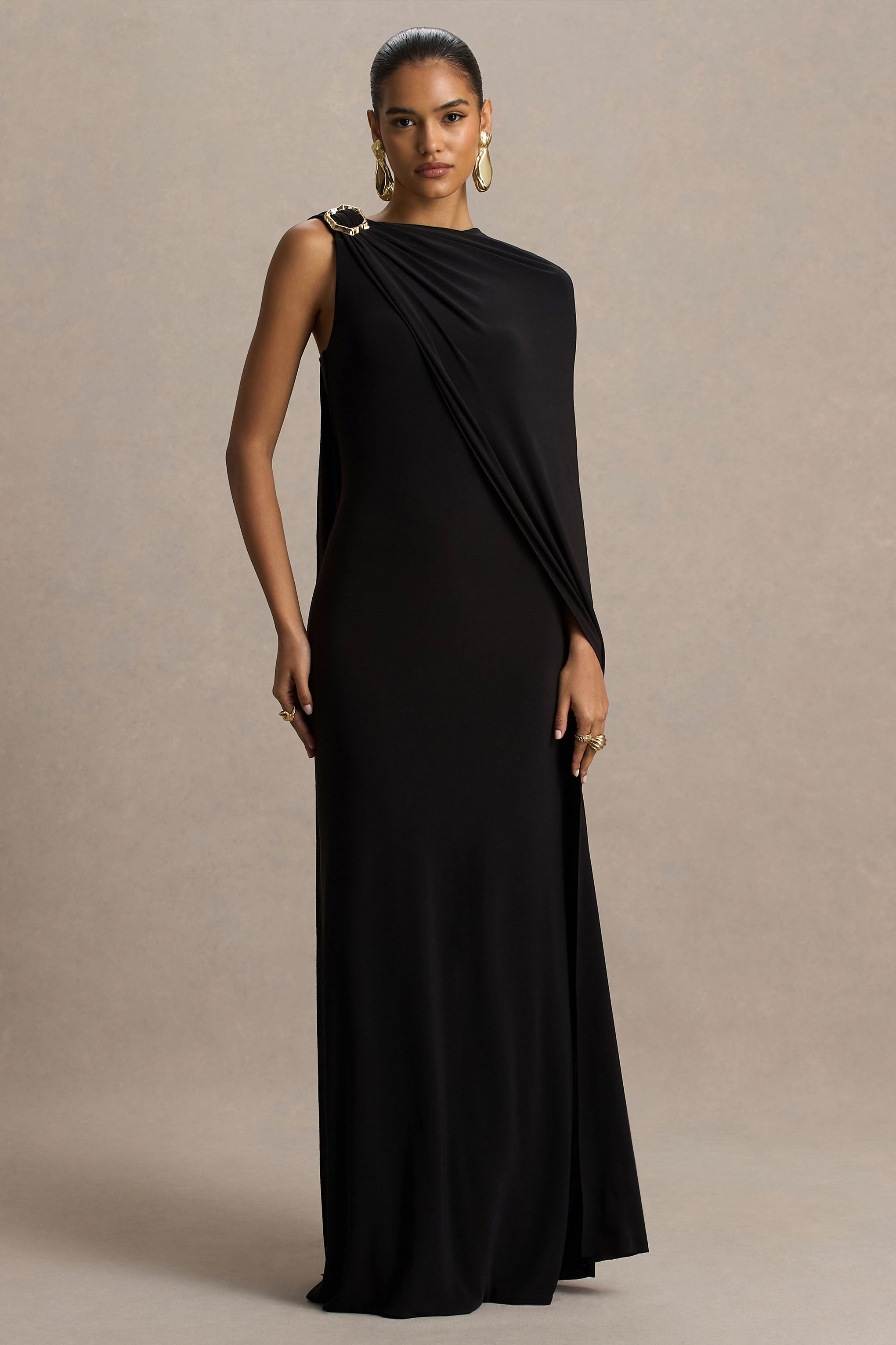 Cressida | Black Asymmetric-Neck Maxi Dress With Cape And Gold Detail