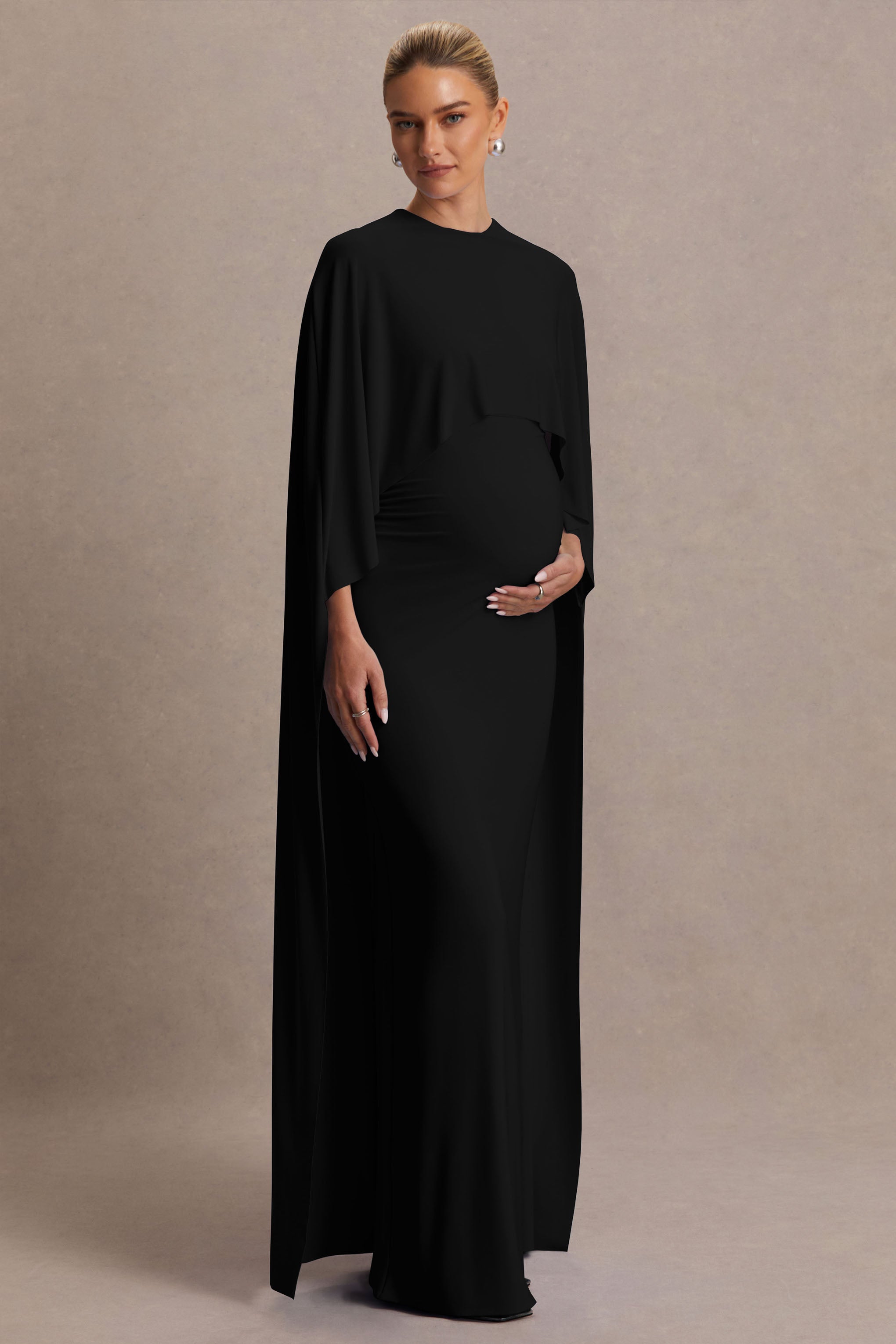 Padma | Black Draped Maternity Maxi Dress With Cape Sleeves