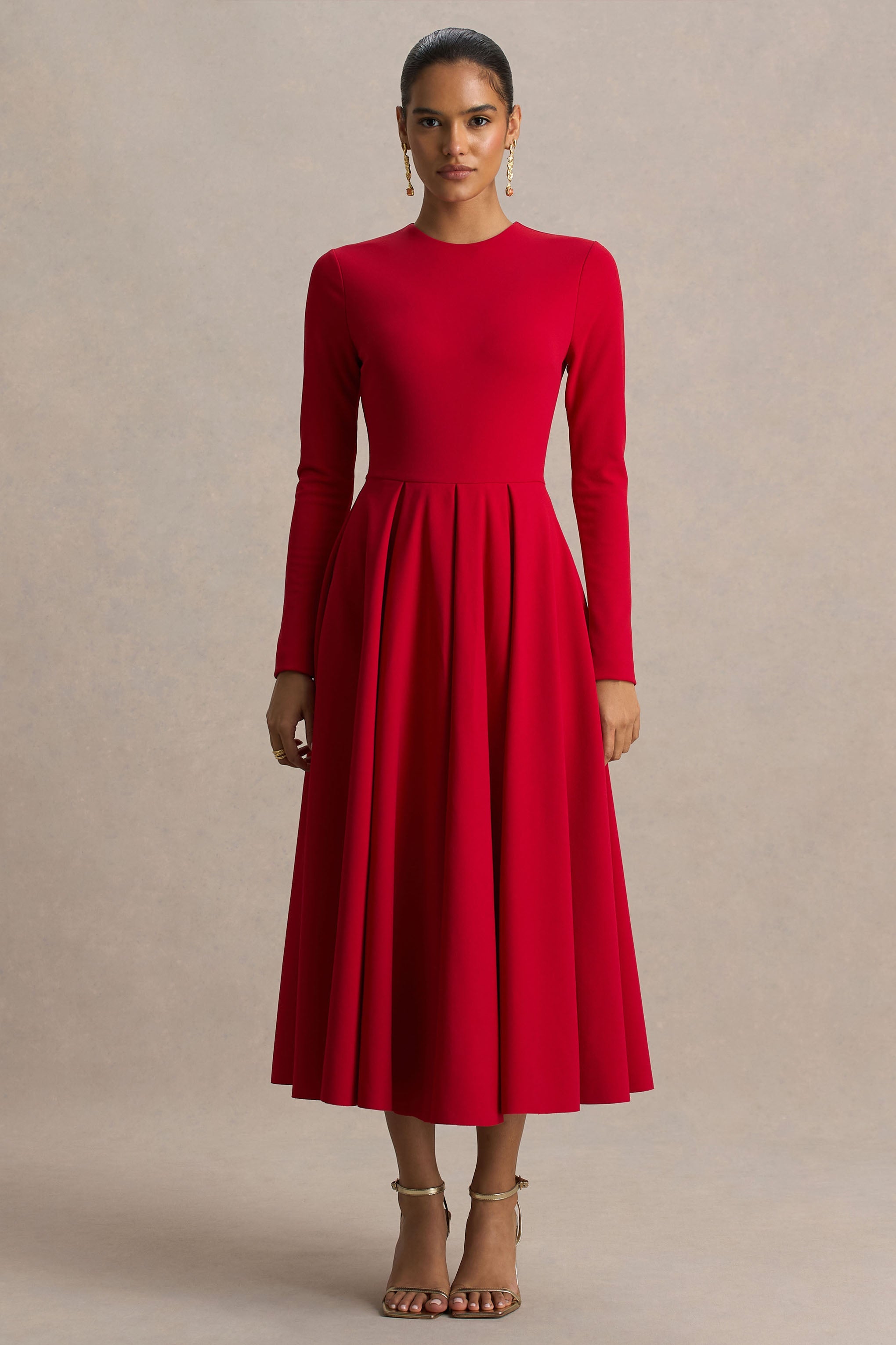 Bellamy | Red Crew-Neck Long-Sleeve Midi Dress
