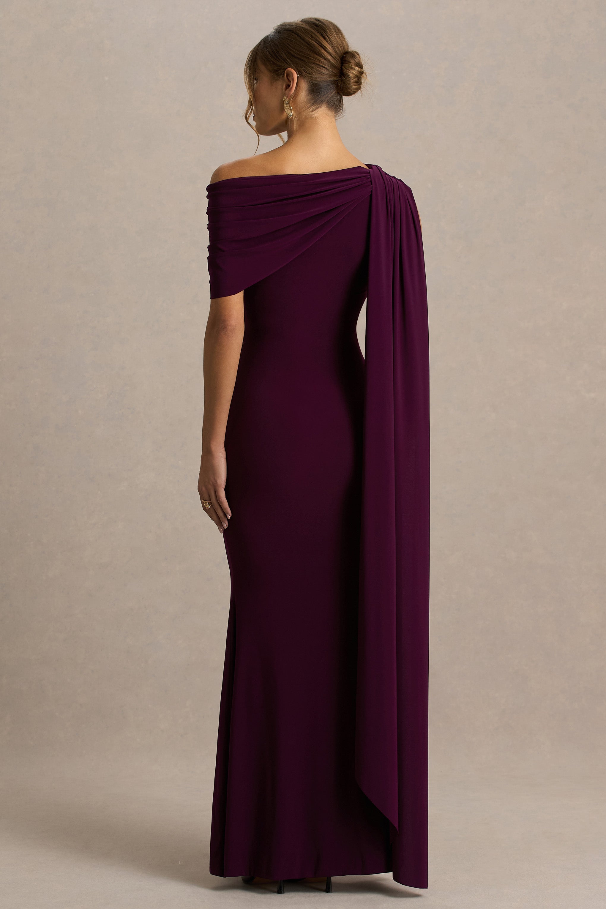 Tiana | Dark Plum Asymmetric-Neck Maxi Dress With Draped Detail