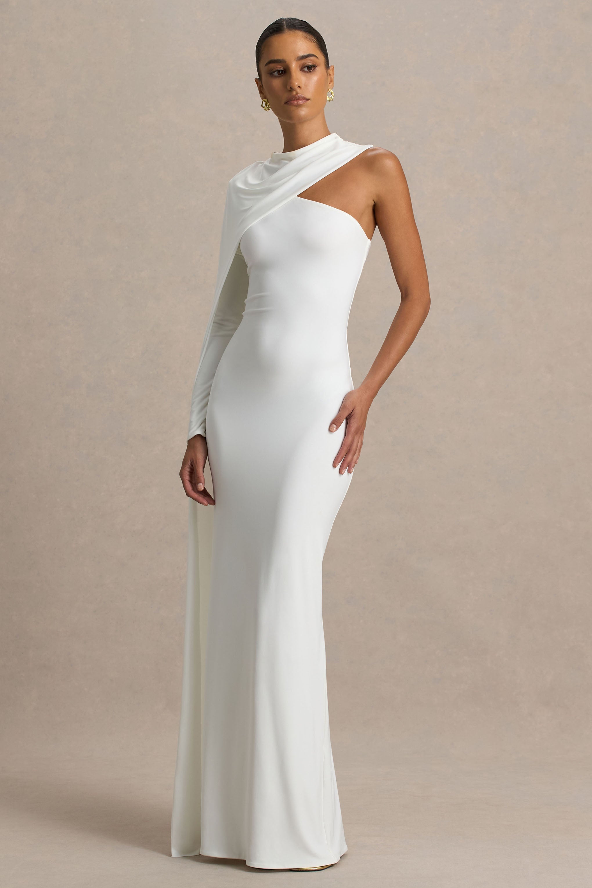 Dawn | Cream High-Neck Maxi Dress With One Long Cape-Sleeve
