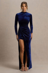 Wishes | Navy Velvet High-Neck Maxi Dress With Wrap Skirt