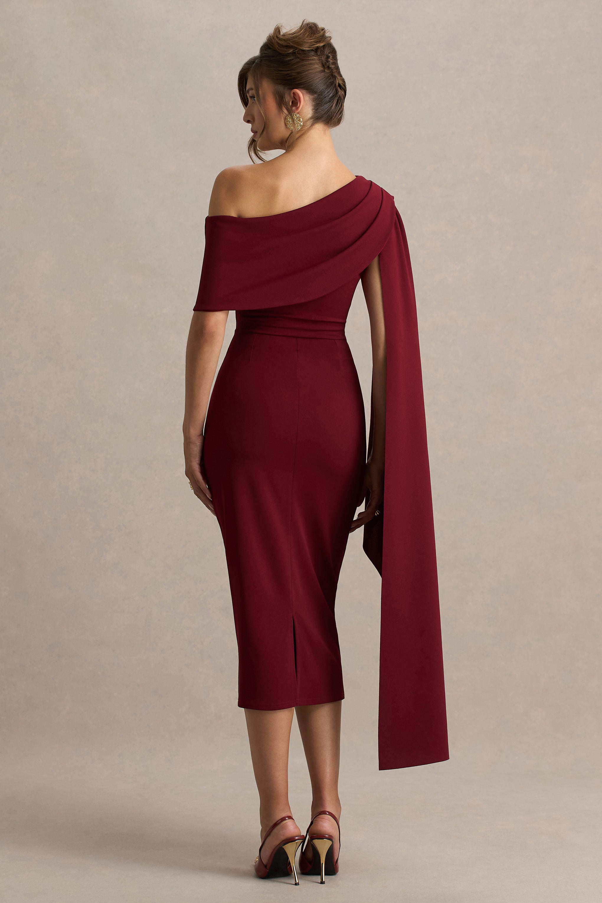 Leah | Burgundy Asymmetric-Neck Midi Dress With Cape-Sleeve