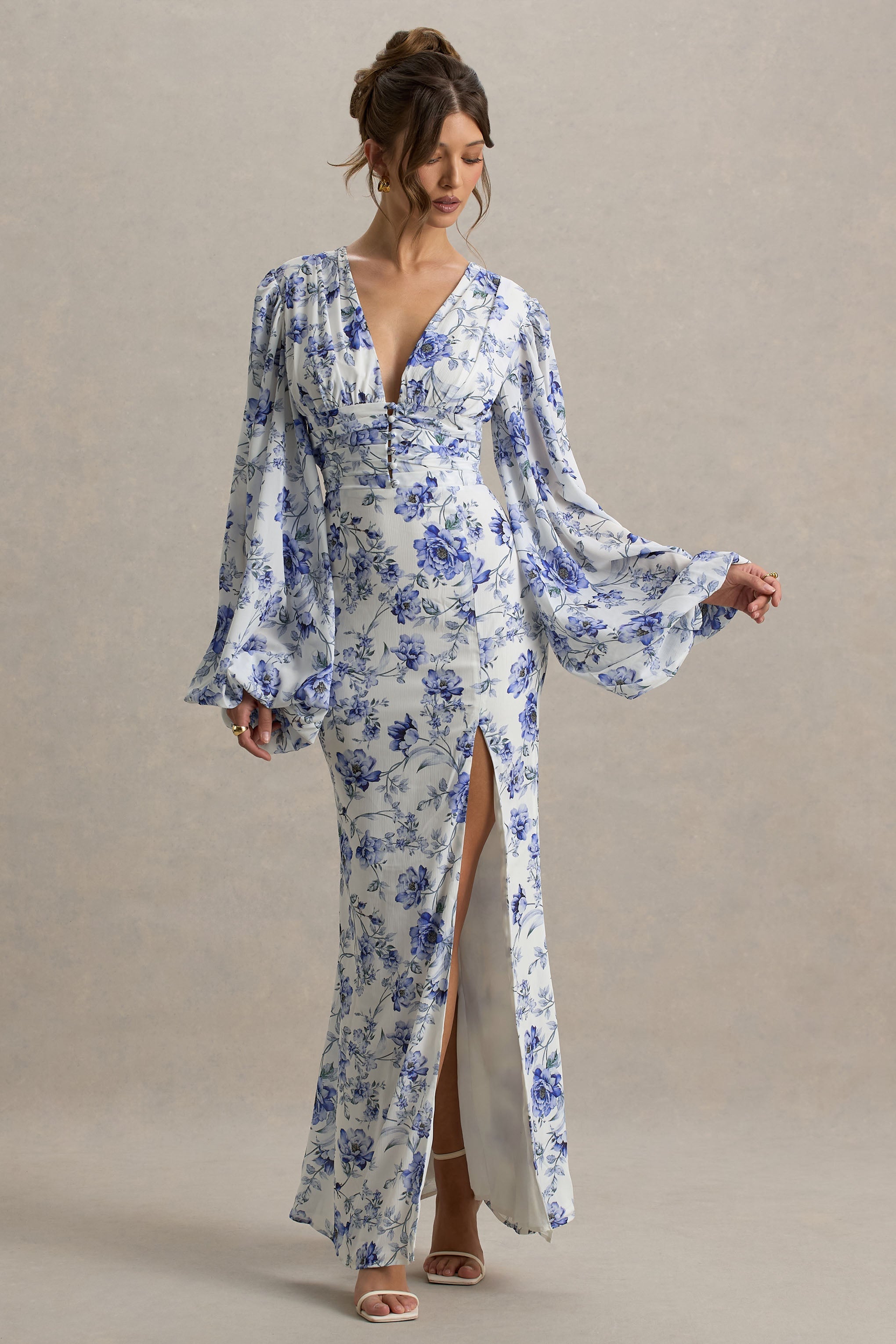 Casarile | Blue Floral Print V-Neck Balloon Sleeve Maxi Dress