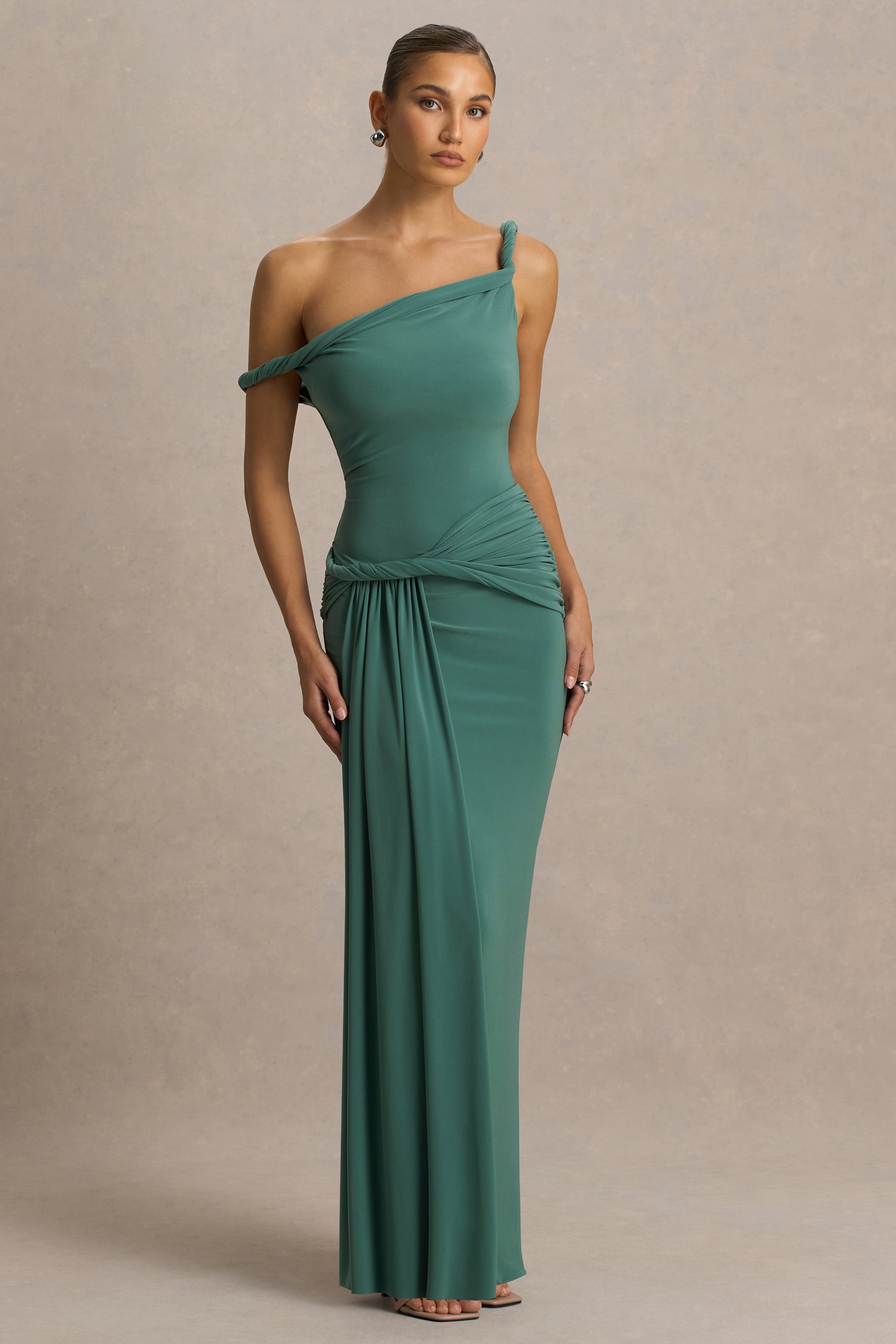 Tulisa | Green Asymmetric-Neck Maxi Dress With Twist Sleeves And Ruched Detailing